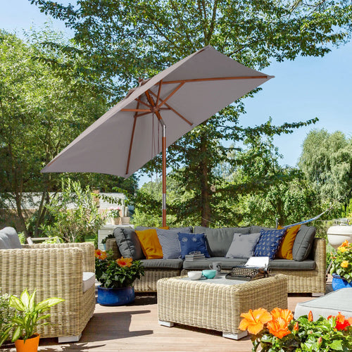 6.6 x 5ft Fir Wooden Patio Umbrella, Tilt Mechanism, 6 Ribs, Grey
