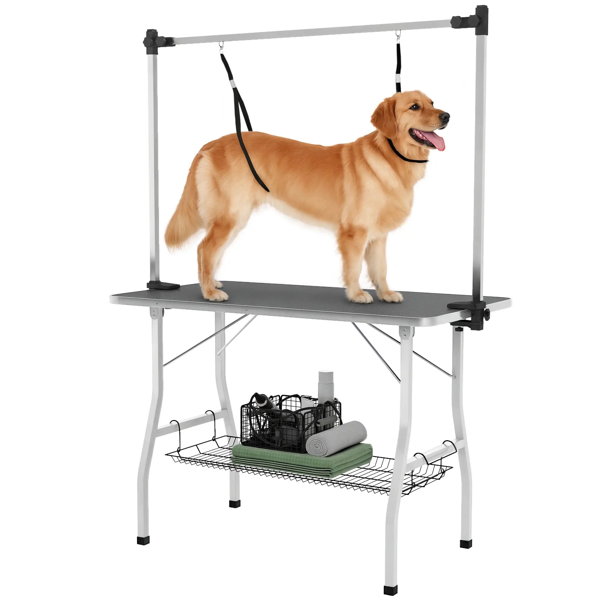Foldable Dog Grooming Table, Adjustable Arms, Storage Shelf, 42