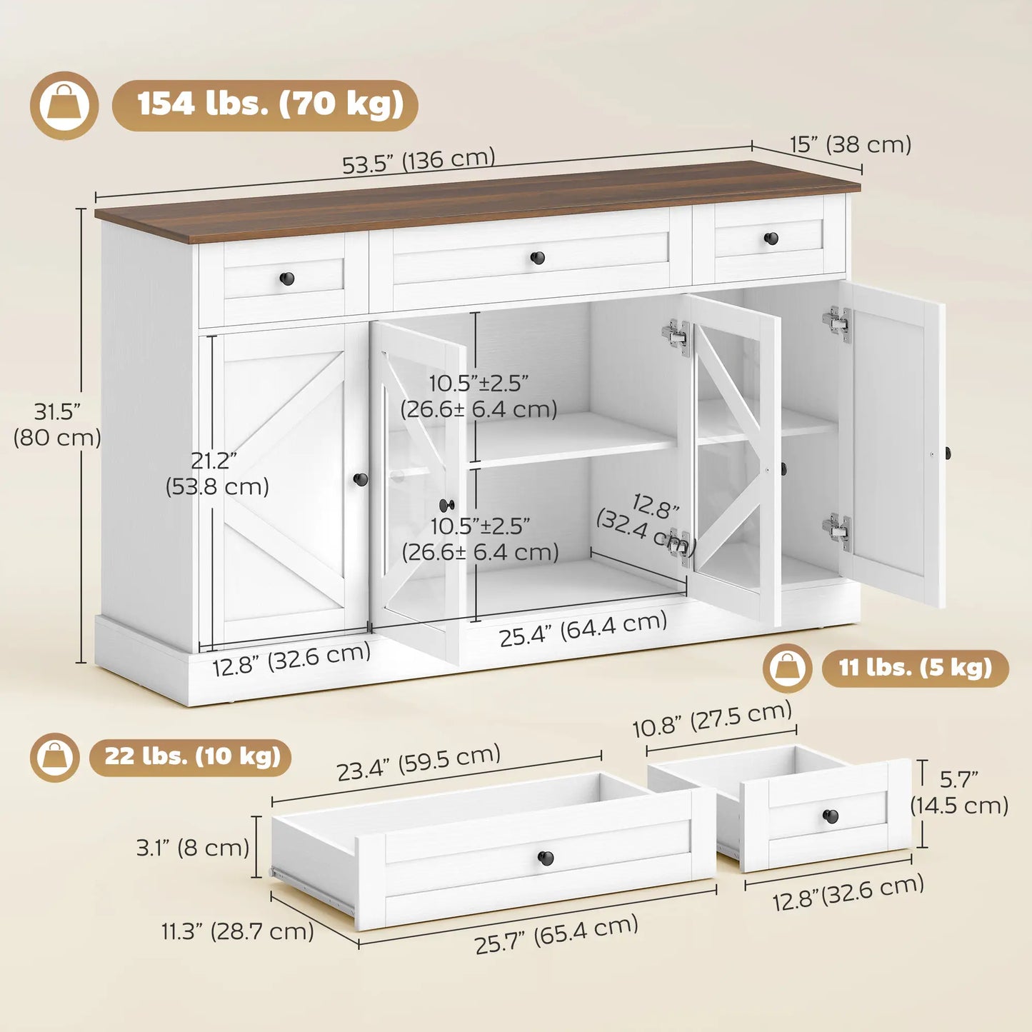 Farmhouse Sideboard Buffet Cabinet, 54", White Wood Grain Storage Cabinets at Gallery Canada