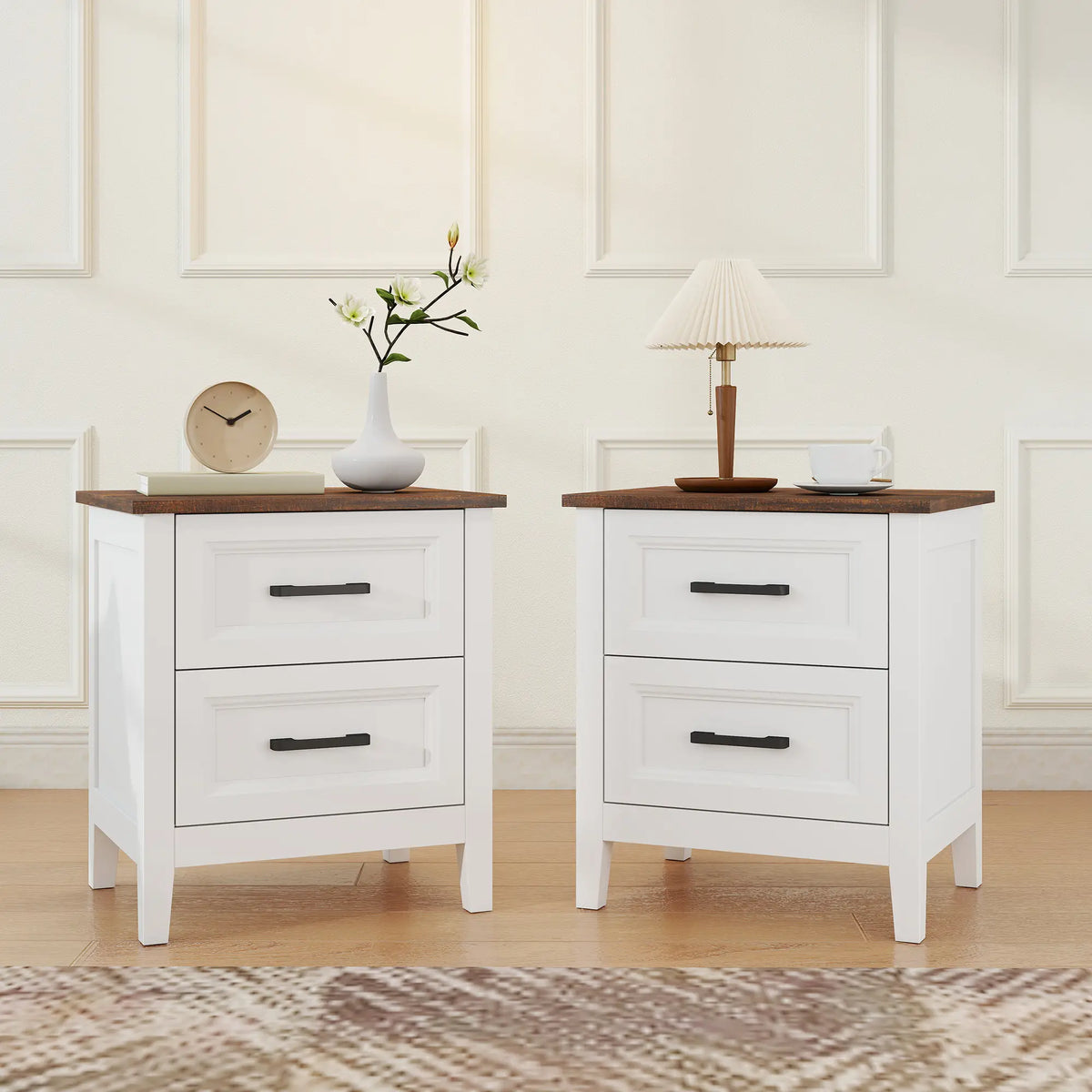 Farmhouse Nightstand Set of 2, 2 Drawers, White Bedside Tables at Gallery Canada