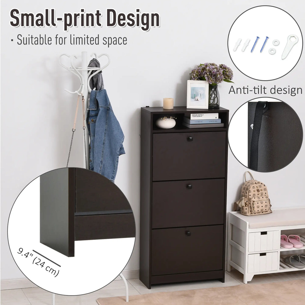 Slim Shoe Storage, 3 Flip Drawers, Adjustable Shelves, 9 Pair, Coffee Shoe Storage Cabinets & Racks at Gallery Canada