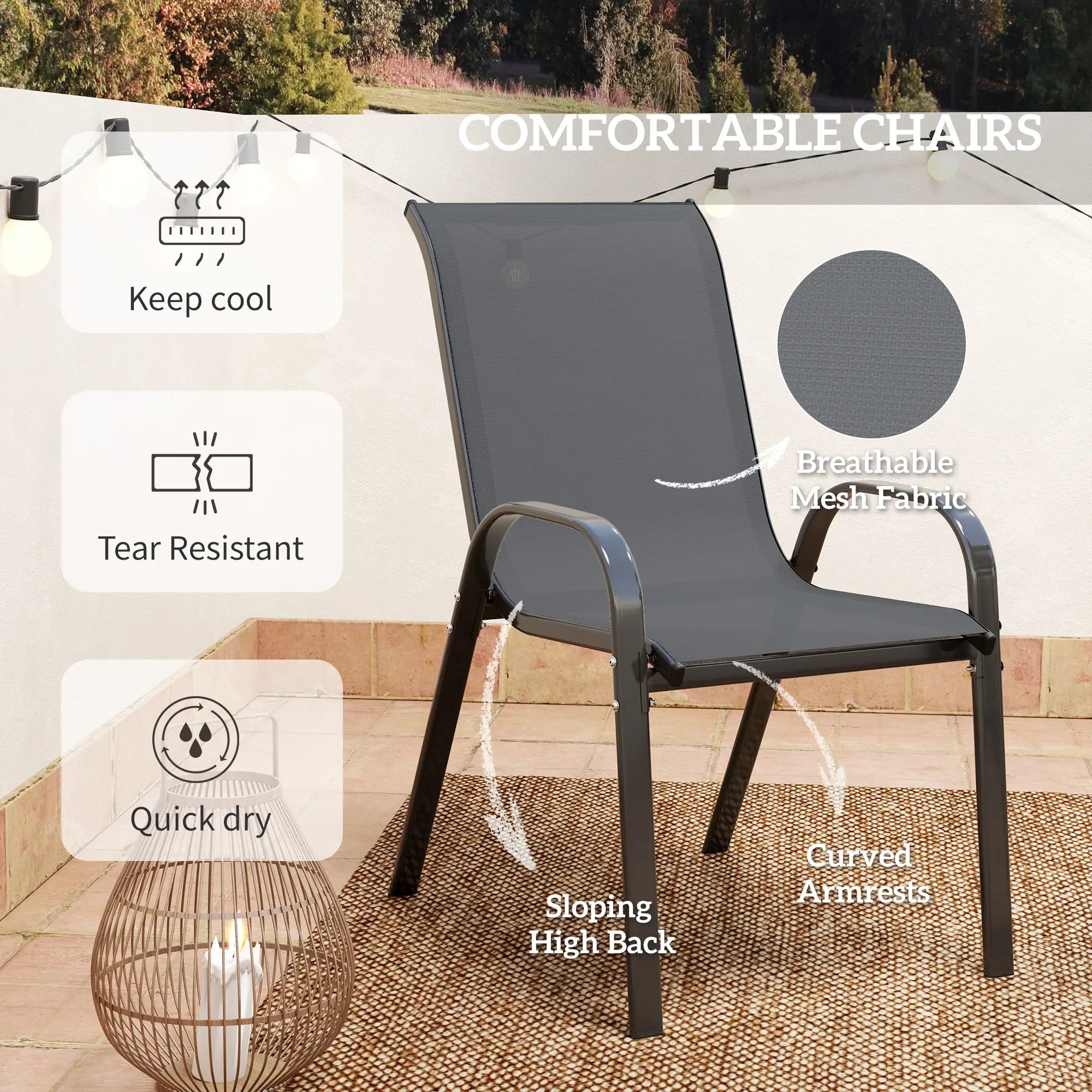 3 Piece Bistro Set, Stackable Mesh Chairs, Glass Table, Dark Grey Bistro Sets at Gallery Canada