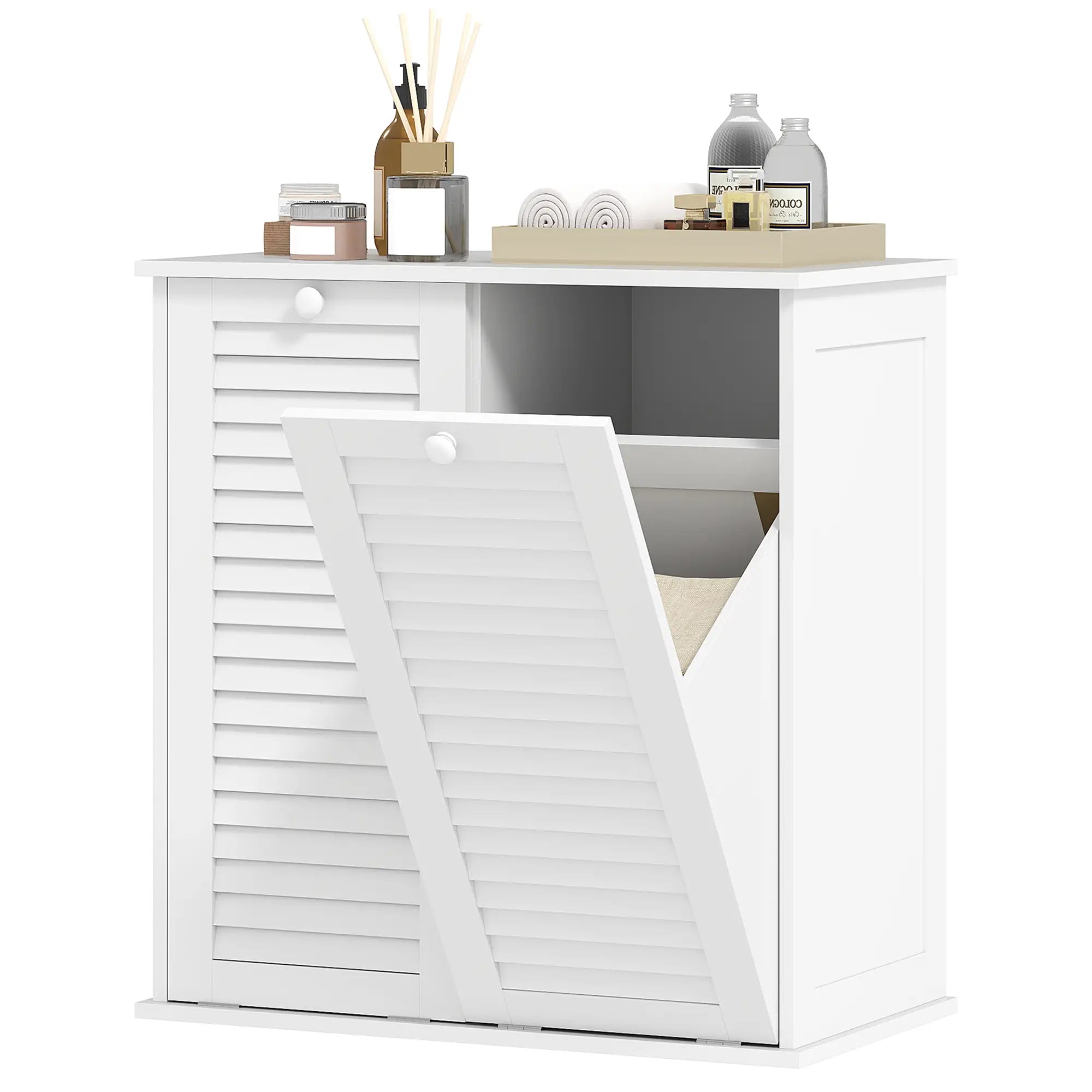 Tilt Out Laundry Cabinet, 2 Baskets, 2 Louvered Doors, White Bathroom Cabinets White at Gallery Canada