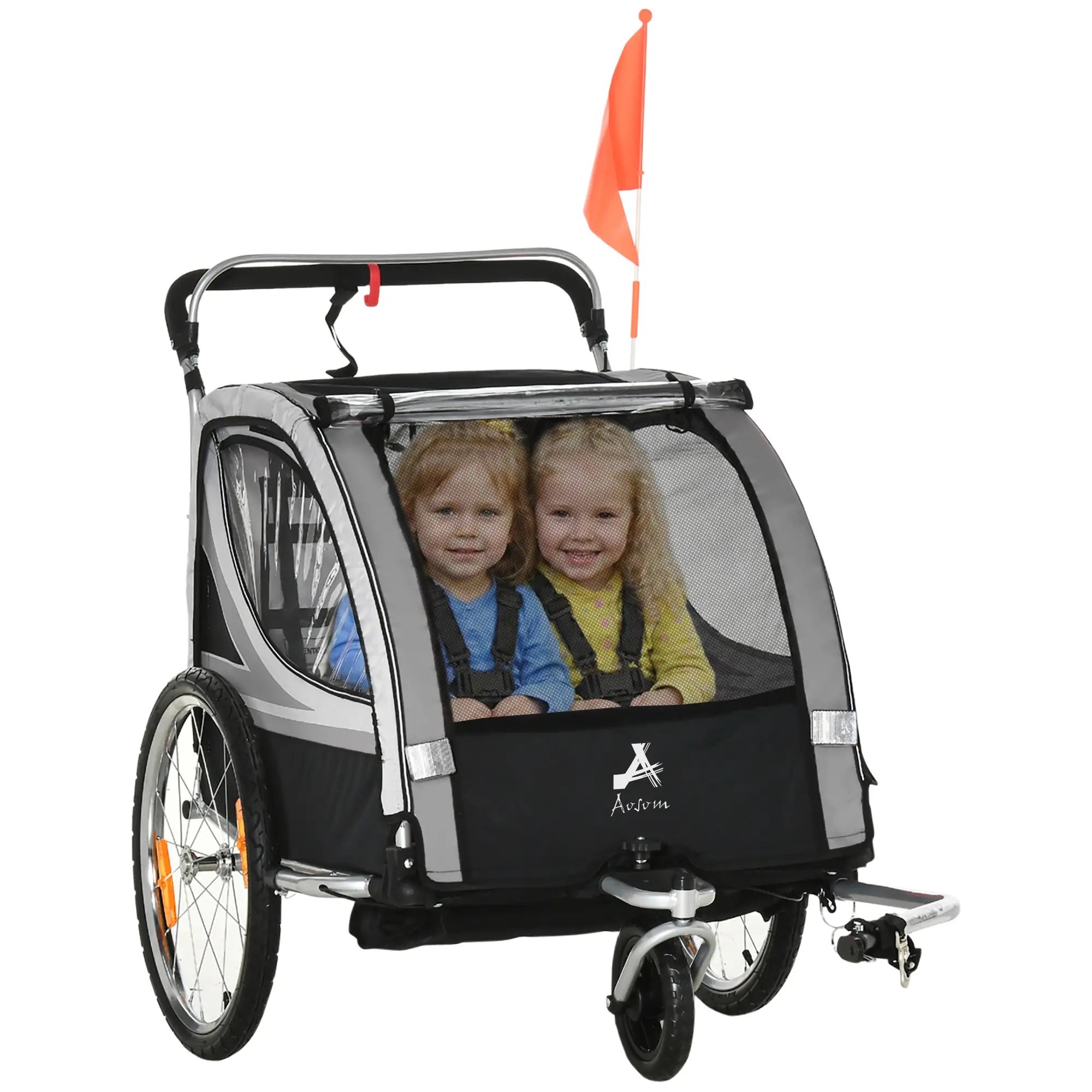 2 Seat Bike Trailer, 2-in-1 Baby Stroller, Handbrake, Rubber Wheels, Grey Kids Bike Trailers at Gallery Canada