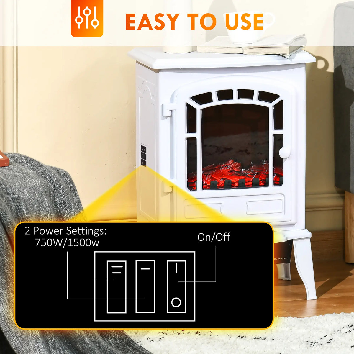 Electric Fireplace Heater, Freestanding Stove, Realistic Flame, Overheat Protection, 750W/1500W, White Electric Fireplaces at Gallery Canada