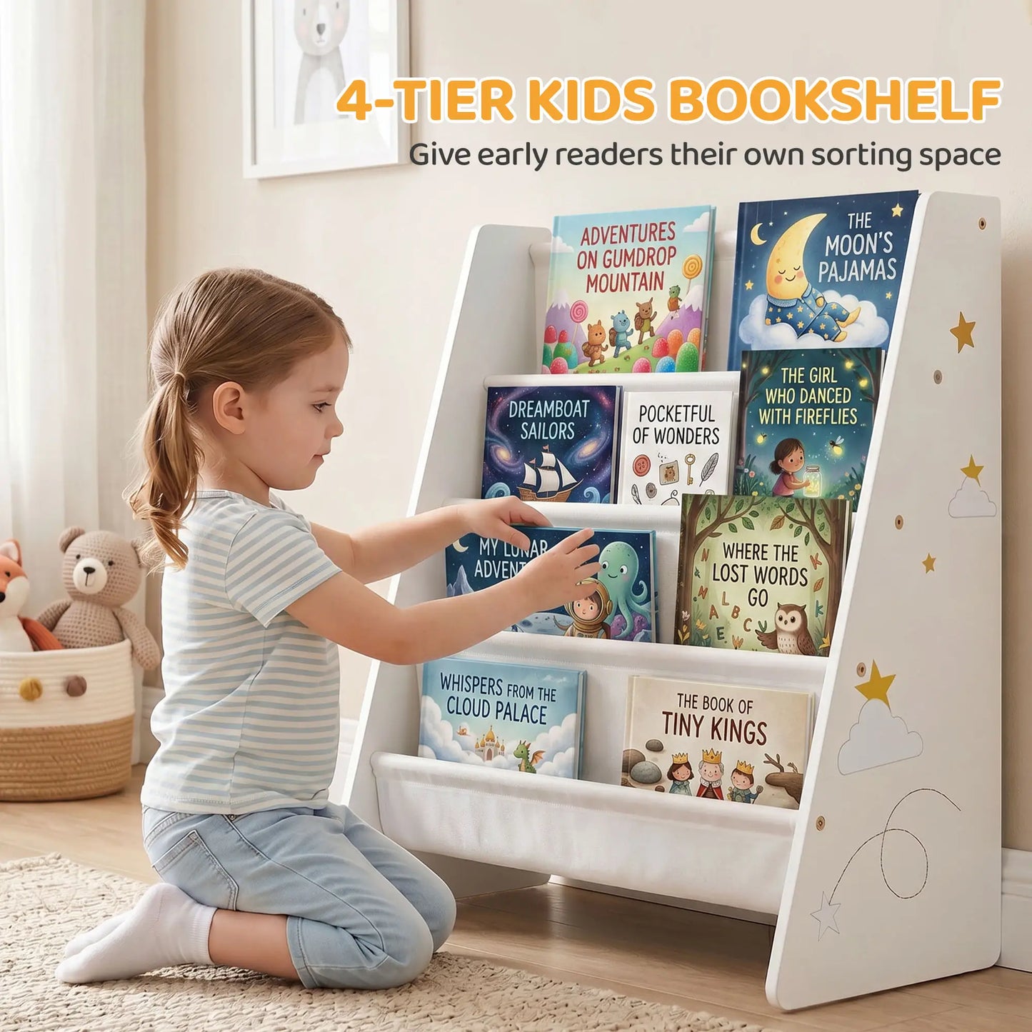 Fabric Kids Bookshelf, 4-Tier Toddler Sling Book Rack, White Baby & Kids Storage at Gallery Canada