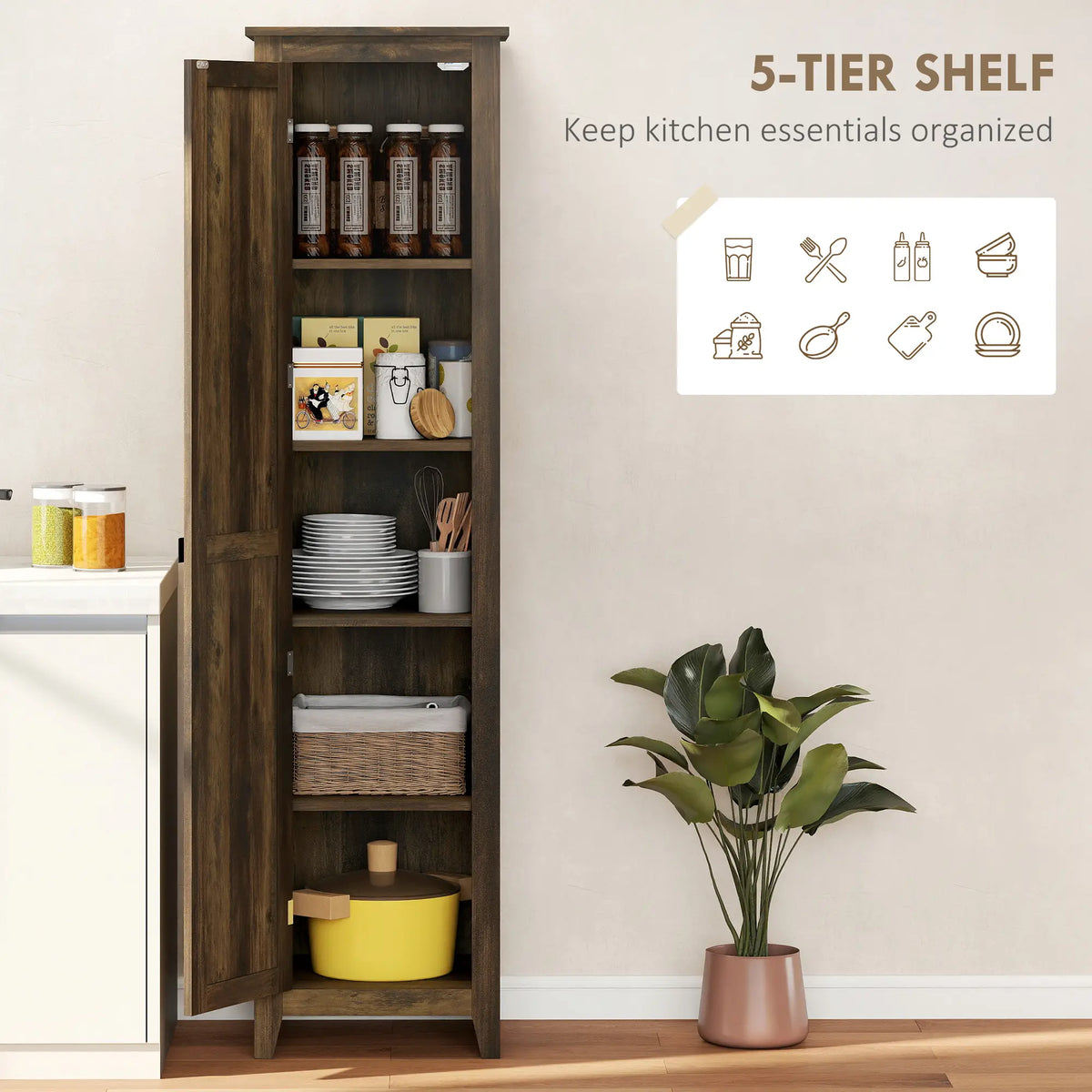 67" Farmhouse Kitchen Pantry Cabinet, Adjustable Shelves, Brown Kitchen Pantry Cabinets at Gallery Canada