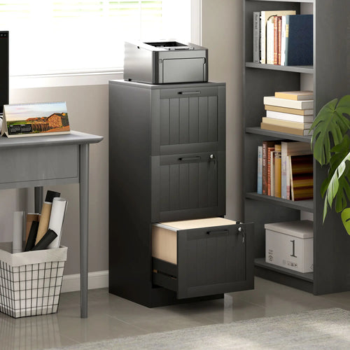 3 Drawer Filing Cabinet with Lock, Adjustable Hanging Bars, Black