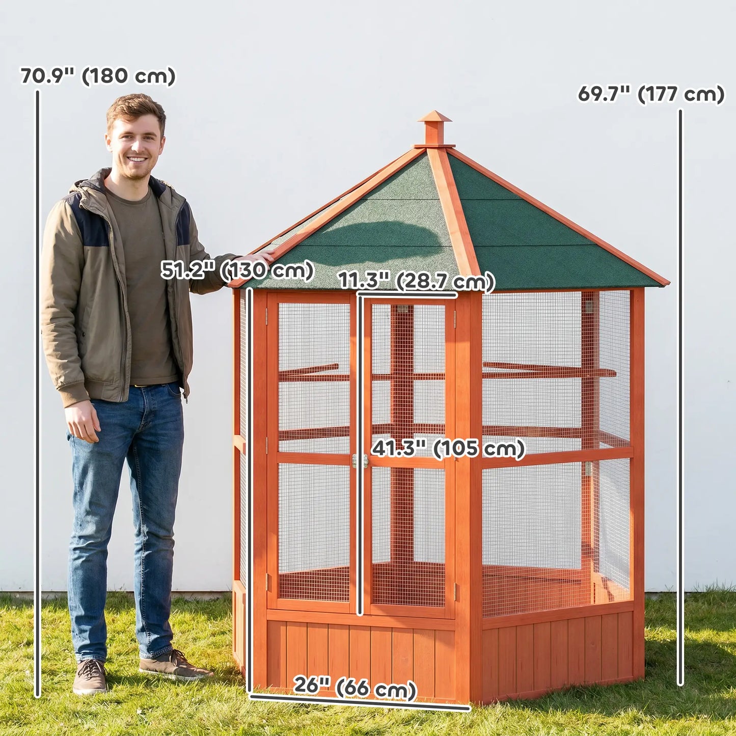 70"H Hexagonal Wooden Bird Cage, Outdoor Aviary with Doors Bird Cages at Gallery Canada