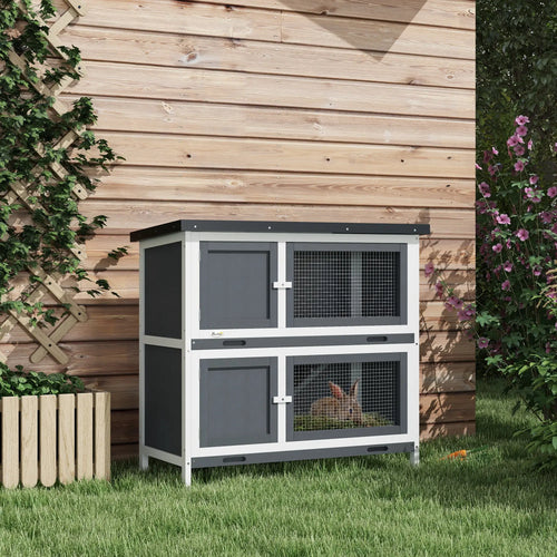 Wood Rabbit Hutch, 2 Large Main House, Ramp, Trays, Grey