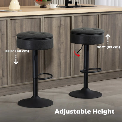 Set of 2 Barstools with Storage, Swivel, PU Leather, Footrest, Steel Base, Black Bar Stools at Gallery Canada