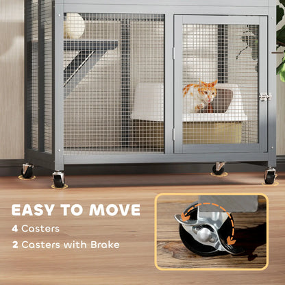 74" Wooden Outdoor Cat House, Weatherproof, Wheeled, Light Grey Outdoor Cat Enclosures at Gallery Canada