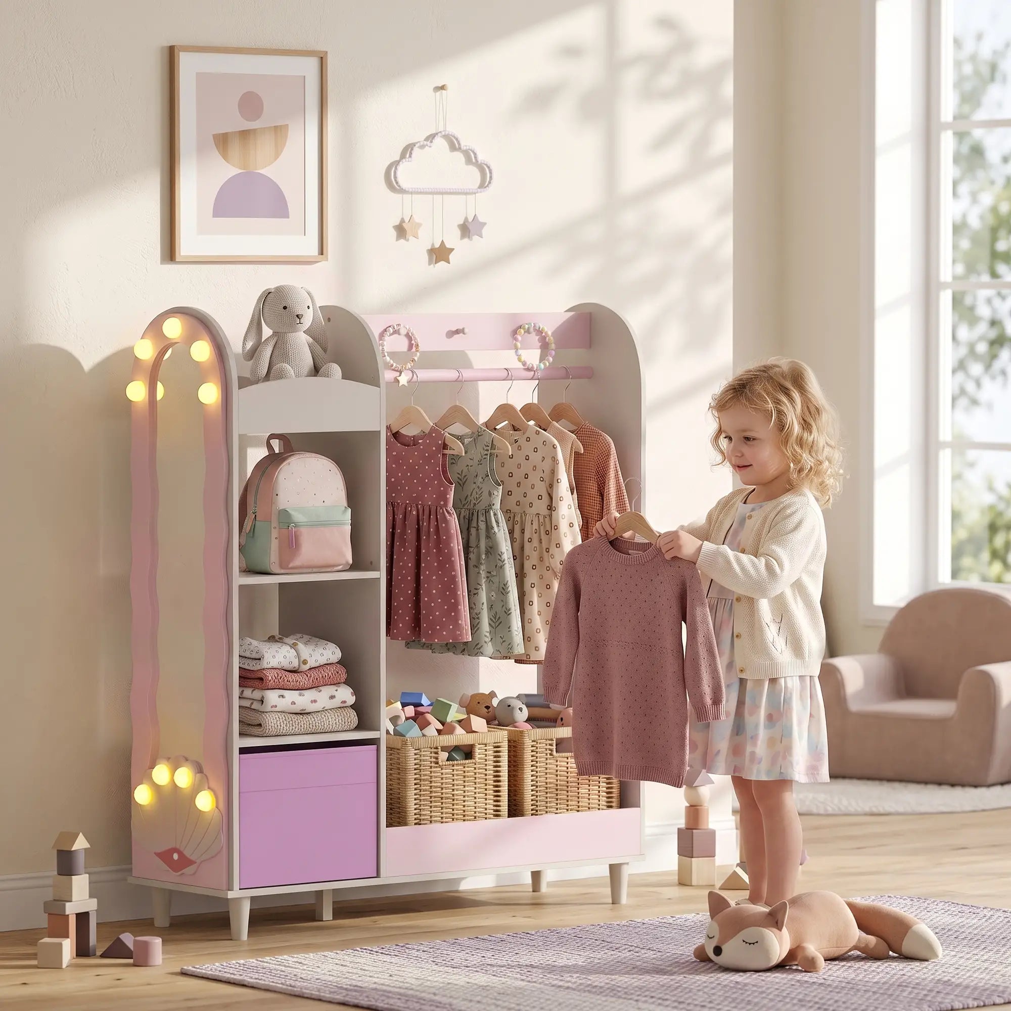 Kids Clothing Rack with Mirror, Drawer & Shelves, Pink Kids Bedroom Furniture at Gallery Canada