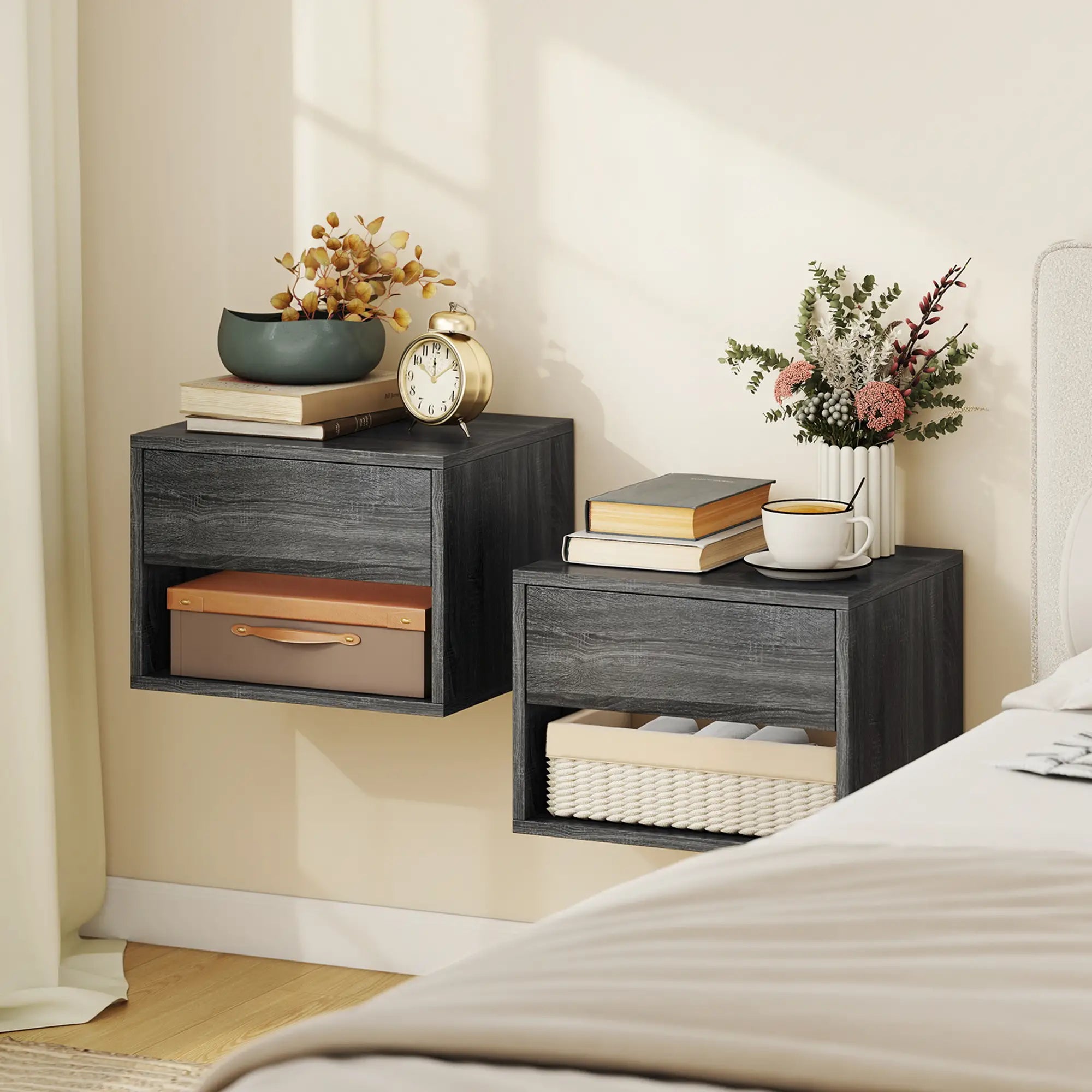 Floating Nightstand Set Of 2, Wall Mounted Bedside Table With Drawer, Grey Bedside Tables at Gallery Canada