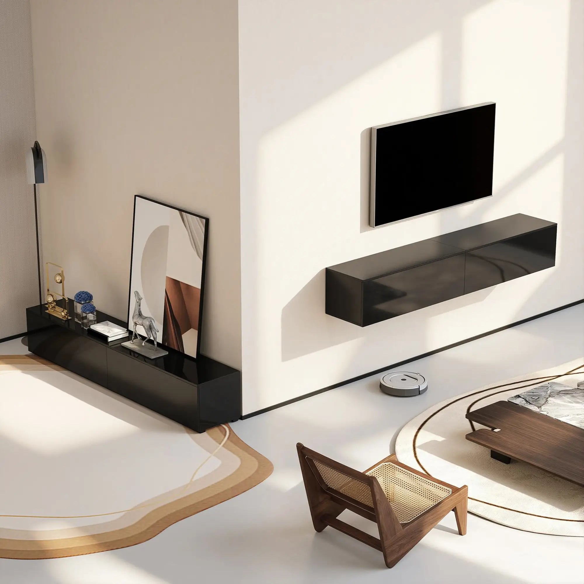 Floating TV Stand For 75 Inch TVs, 70.9 Inch Cabinet, High Gloss, Black TV Stands at Gallery Canada