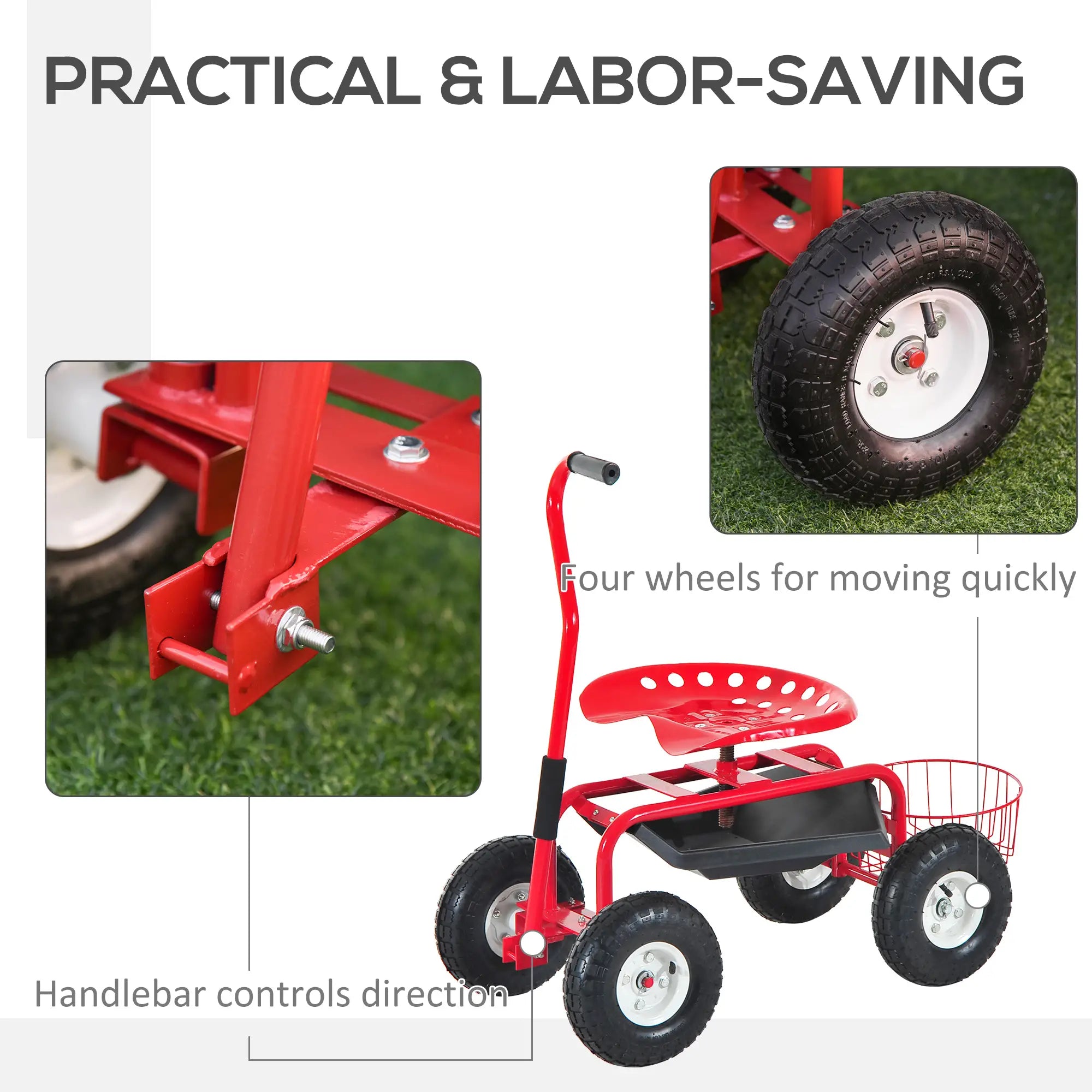 Rolling Garden Scooter Cart, Adjustable Seat, Tool Tray, Red Black, Red Black Folding Garden Carts at Gallery Canada