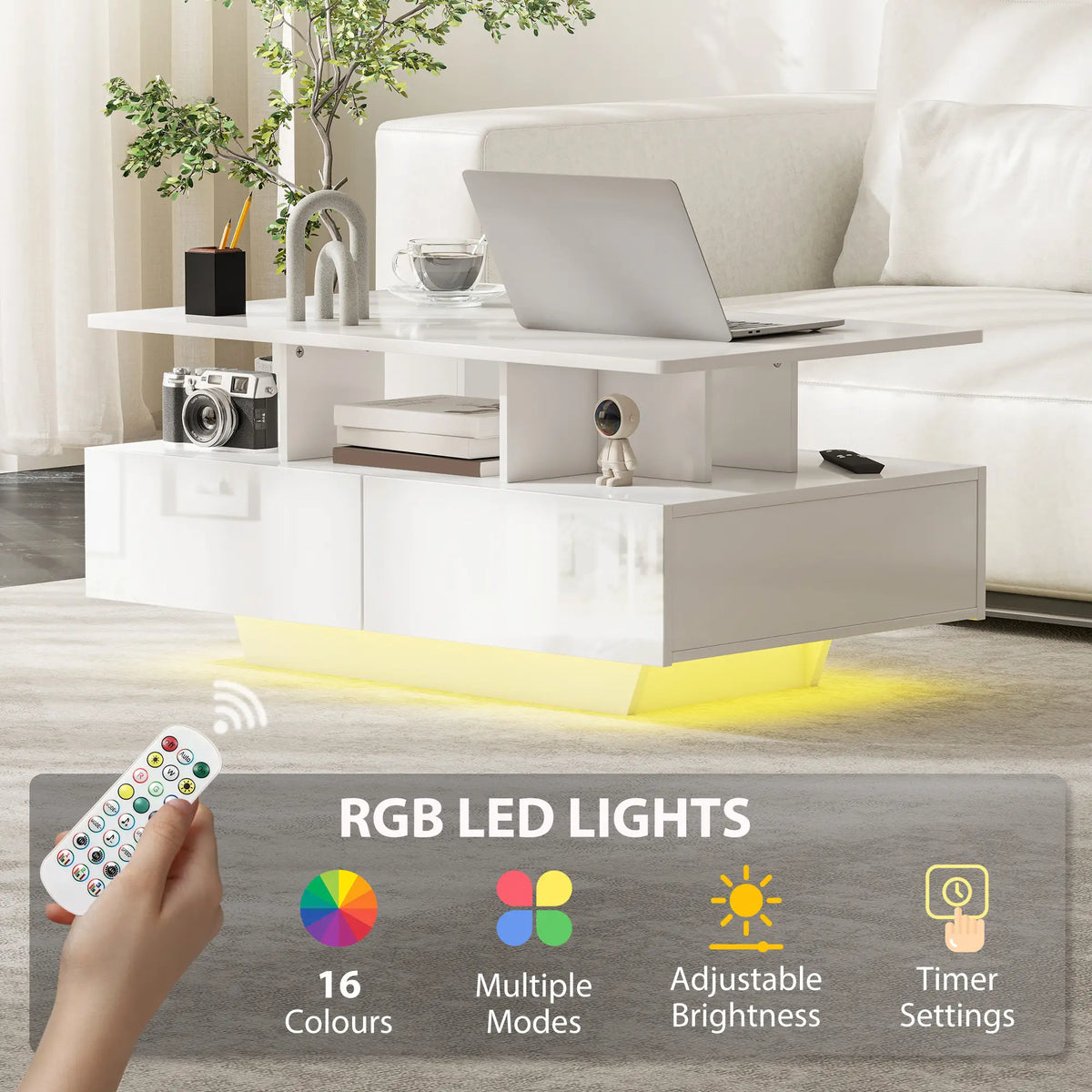 Modern Coffee Table with RGB LED Lights, 4 Drawers, Open Shelf, Remote, High Gloss White, White Coffee Tables at Gallery Canada