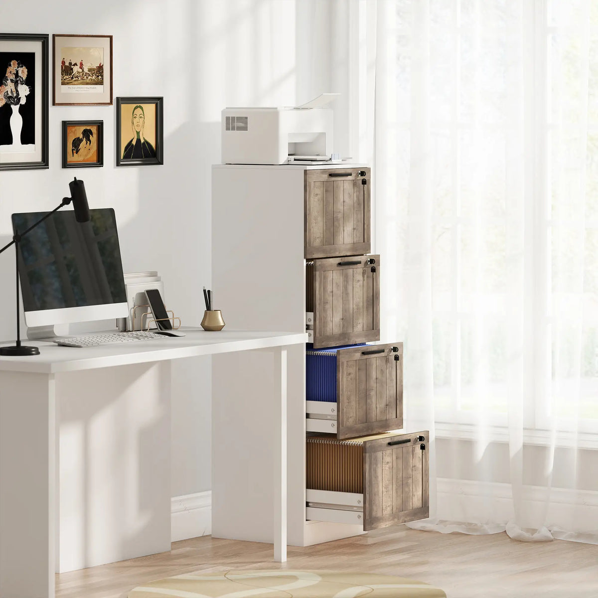4 Drawer Filing Cabinet, Farmhouse Style, Adjustable Hanging Rails, White Office Cabinets & Cupboards at Gallery Canada