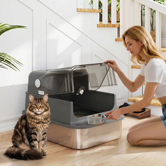 XXL Stainless Steel Cat Litter Tray, Enclosed, High Sides, Black Cat Litter Box Enclosures Stainless Steel, Black at Gallery Canada