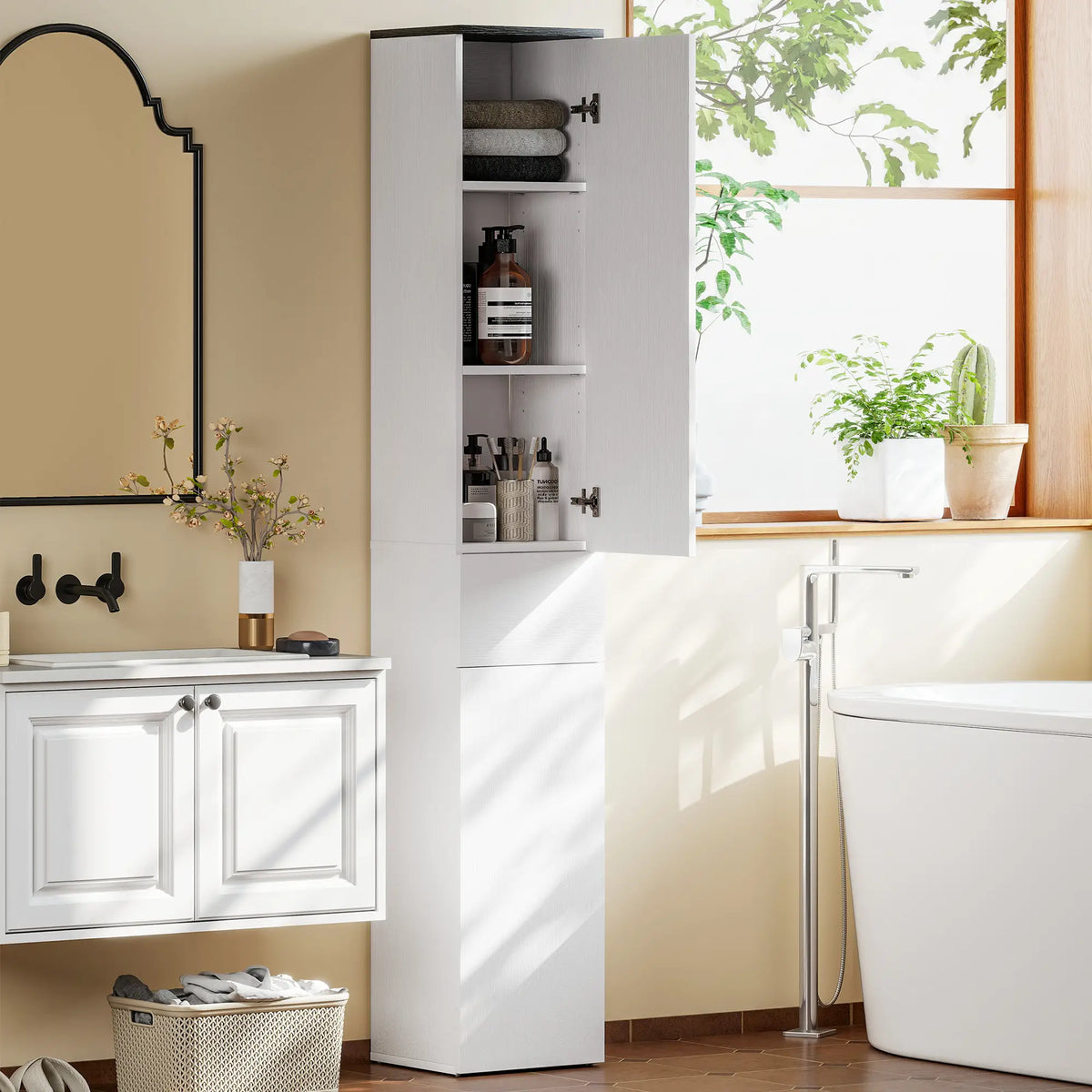 Tall Bathroom Cabinet, 2 Cupboards And Drawer, Adjustable Shelves, White Freestanding Bathroom Cabinets at Gallery Canada