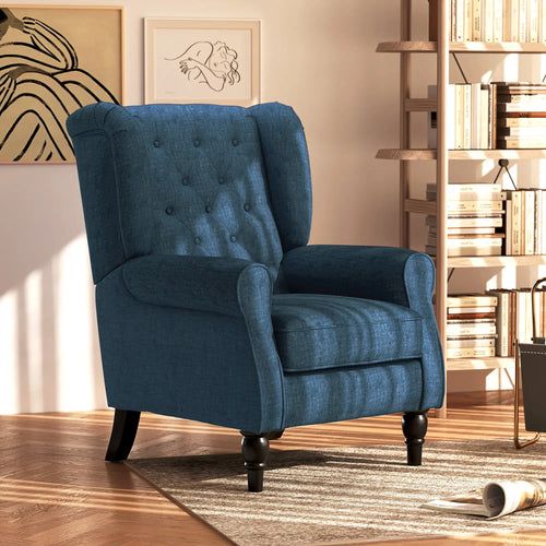Fabric Accent Chair, Button Tufted Armchair, Upholstered with Wood Legs, Blue