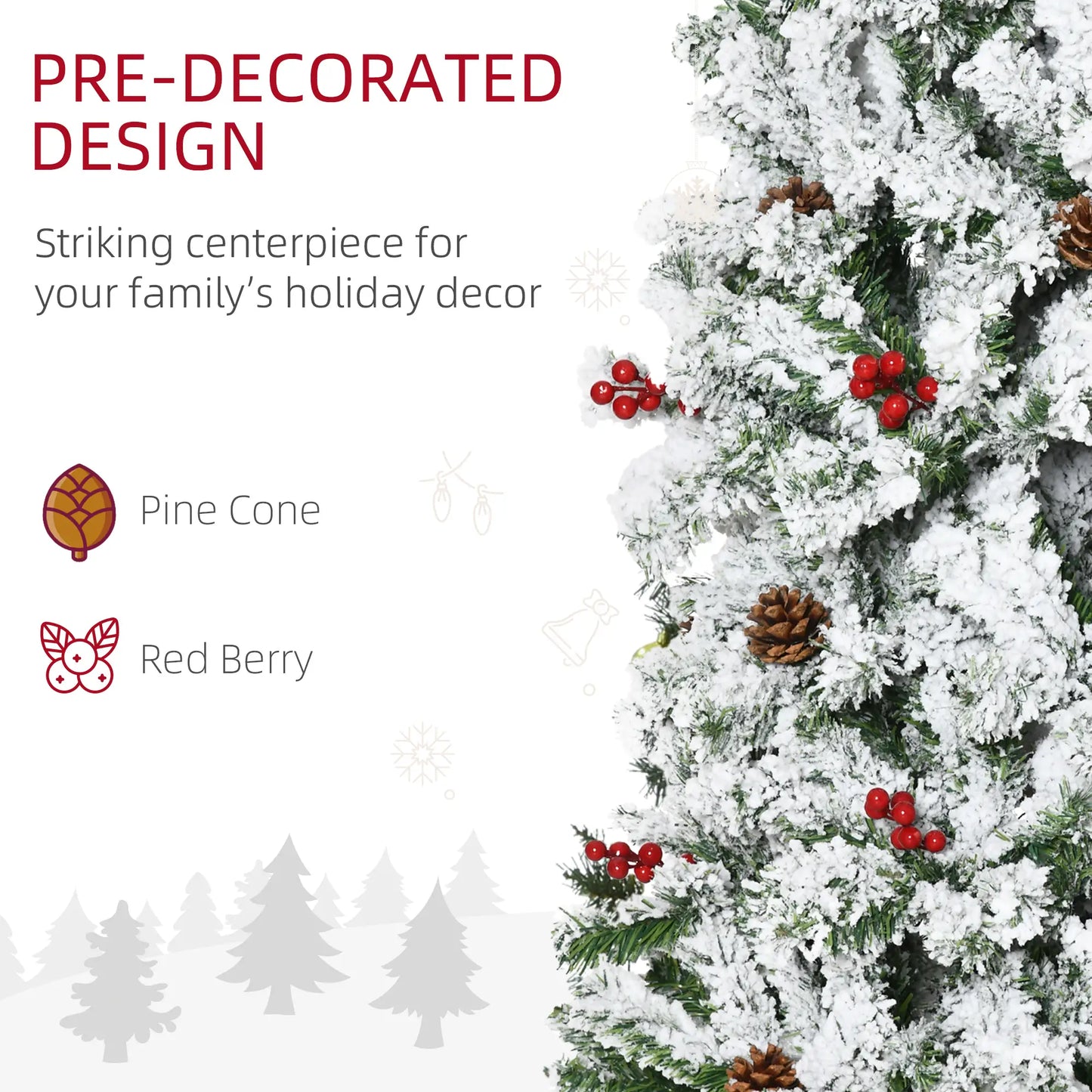 7.5 Foot Flocked Artificial Christmas Tree, 950 Pine Branches, Pine Cones, Red Berries, Green Pencil Christmas Trees at Gallery Canada