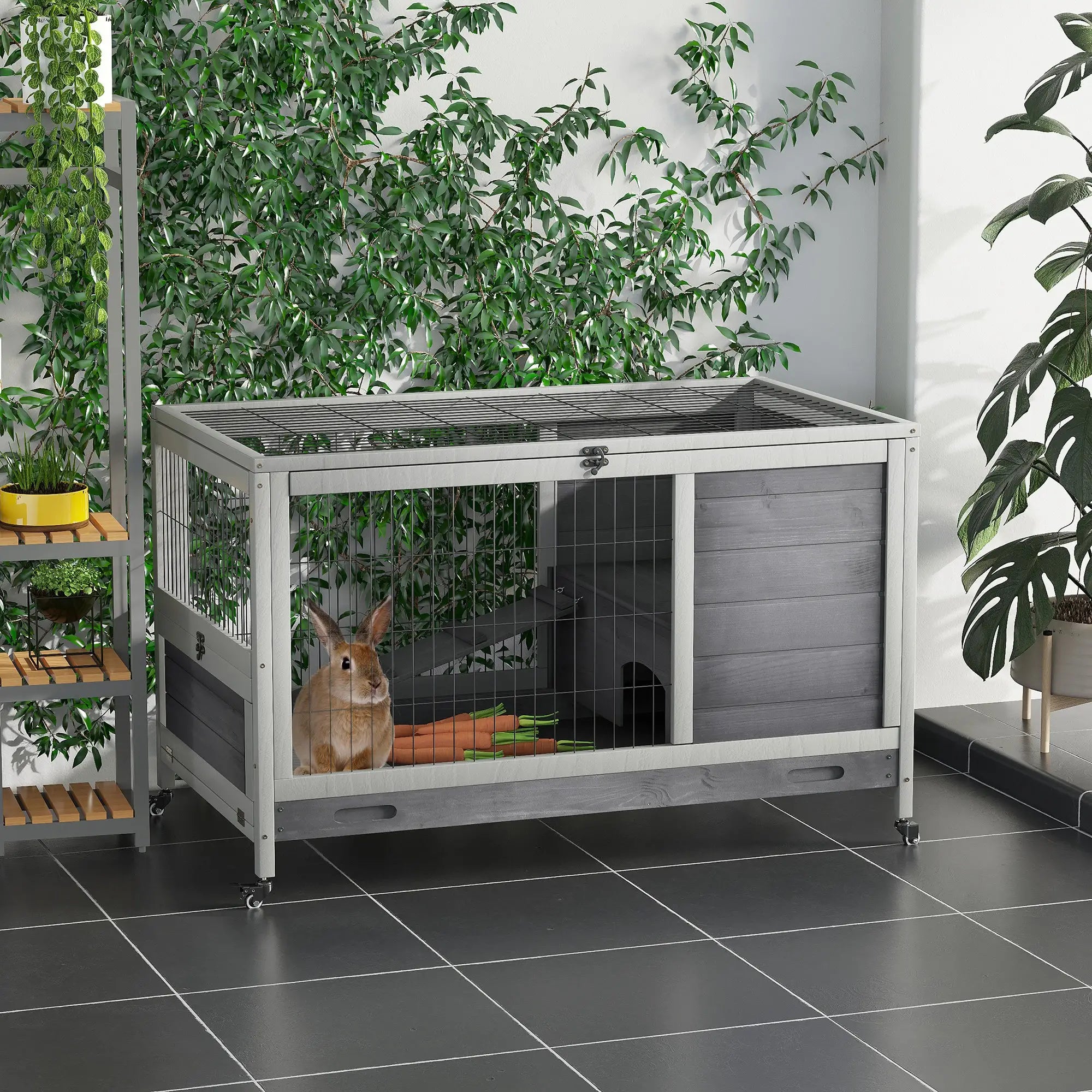 Wooden Indoor Rabbit Hutch, Elevated Bunny Cage with Wheels, Grey Rabbit Hutch at Gallery Canada