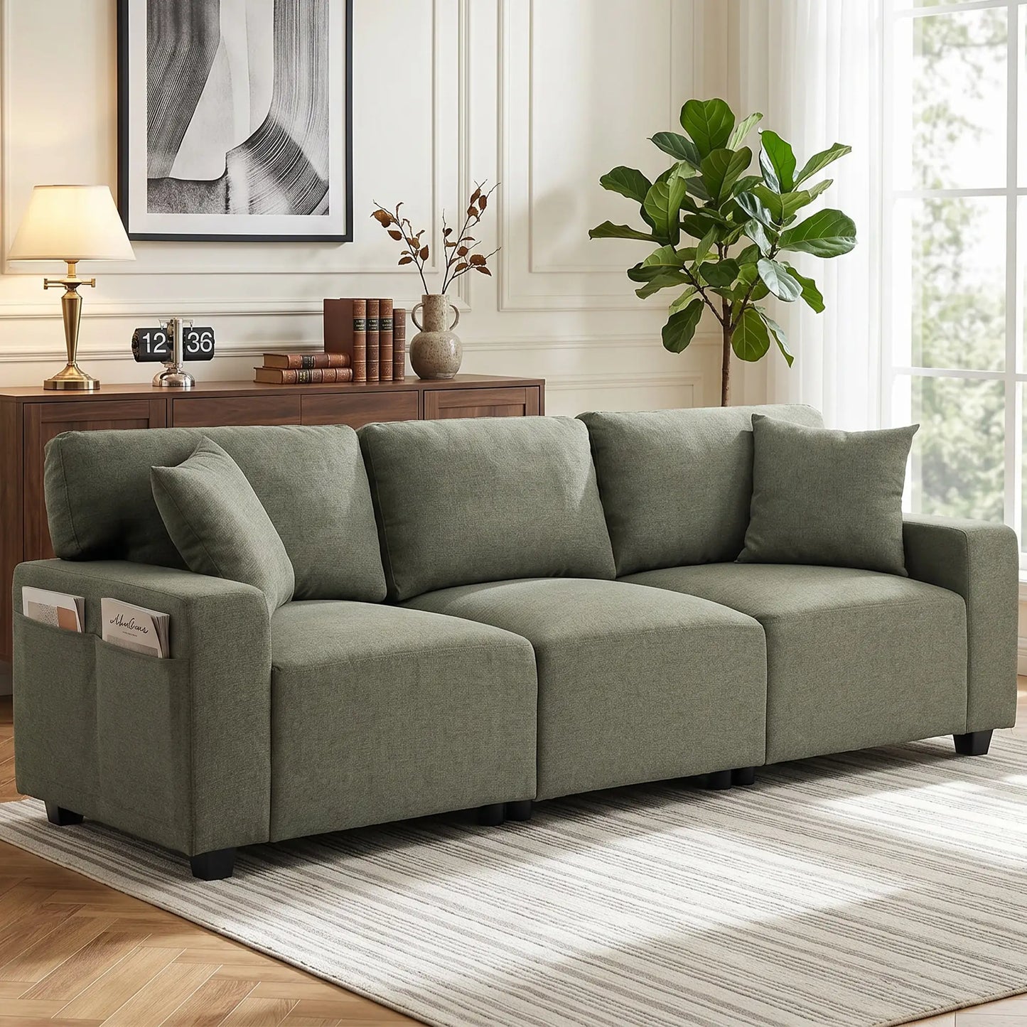 3 Seater Sofa With Storage Pockets, Modern Upholstered Couch, Green 3-Seater Sofas at Gallery Canada