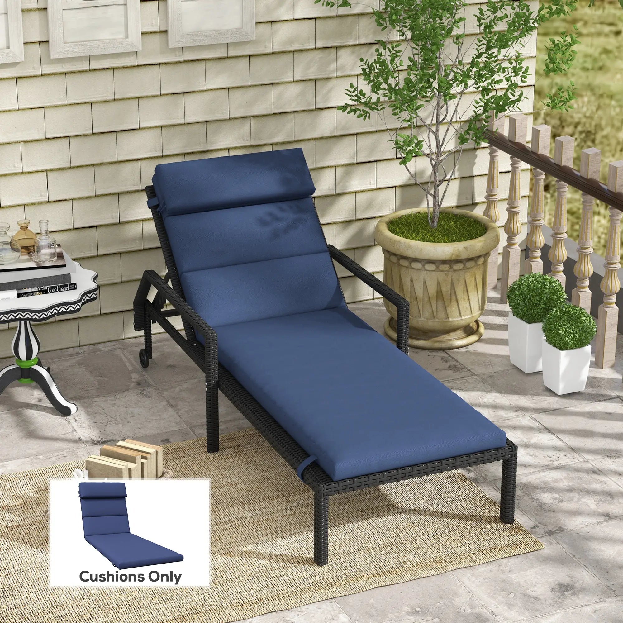 Patio Chaise Lounge Chair Cushion, with Headrest and Ties, Dark Blue Patio Chair Cushions at Gallery Canada