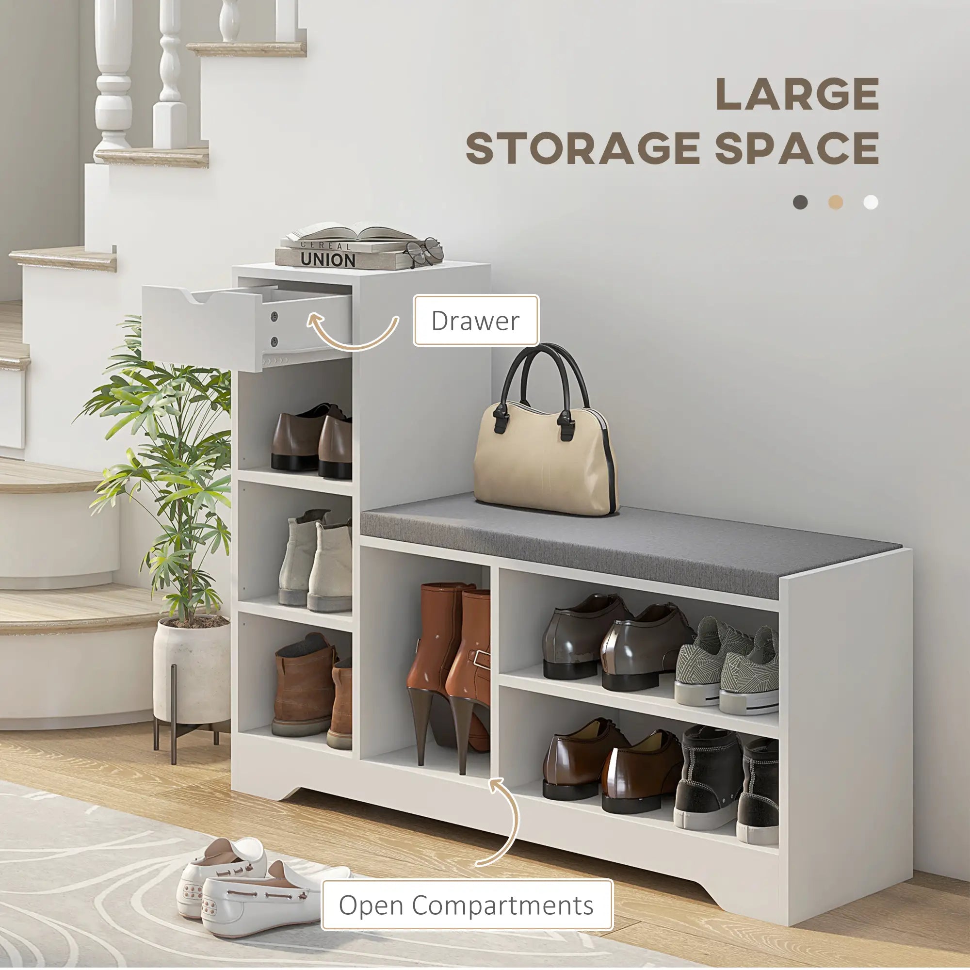 Upholstered Shoe Storage Bench With Seat, Drawer, 6 Shelves, White Shoe Storage Cabinets & Racks at Gallery Canada