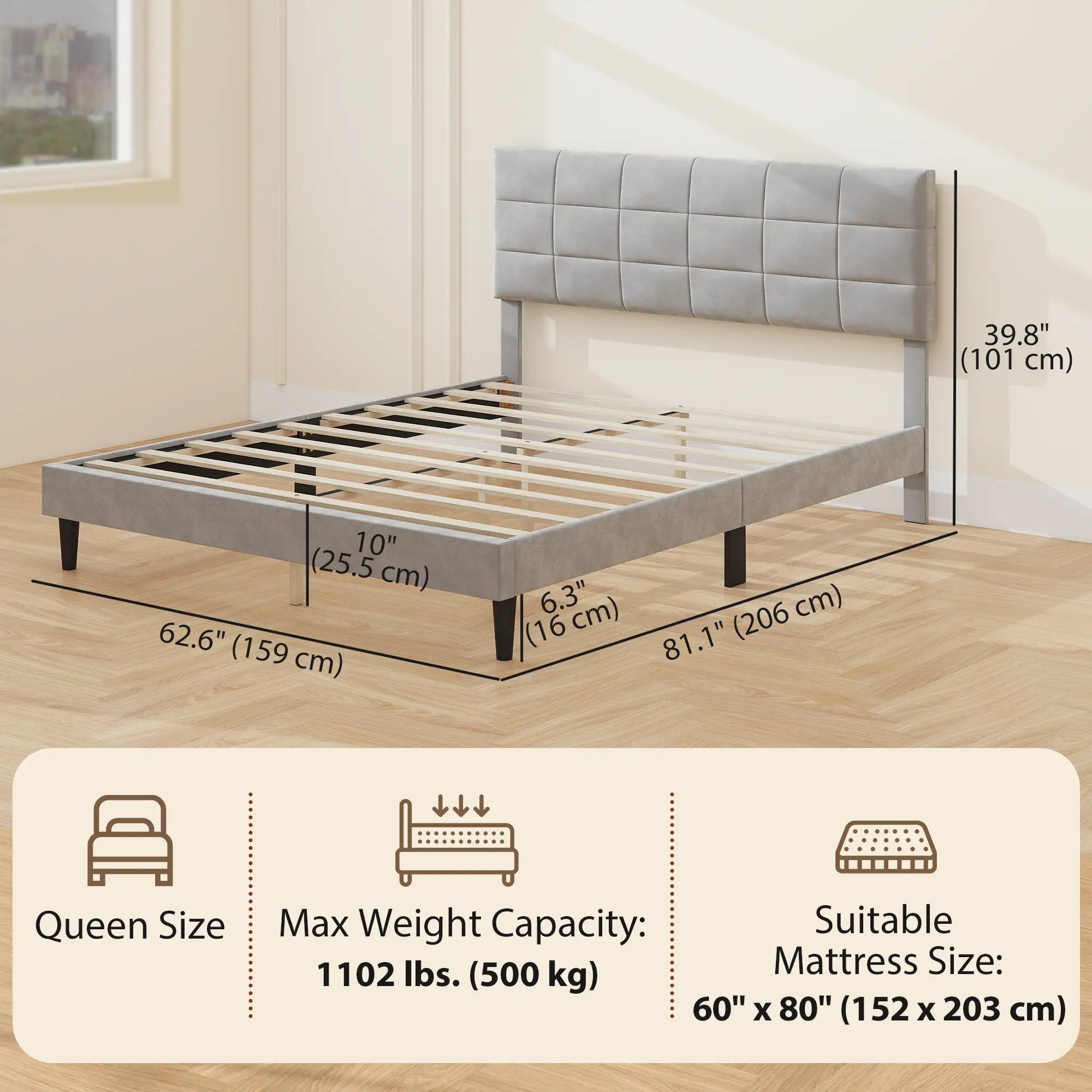 Queen Size Bed Frame, Upholstered Headboard, Wood Slats, 1100 lbs, Grey Bed Frames at Gallery Canada