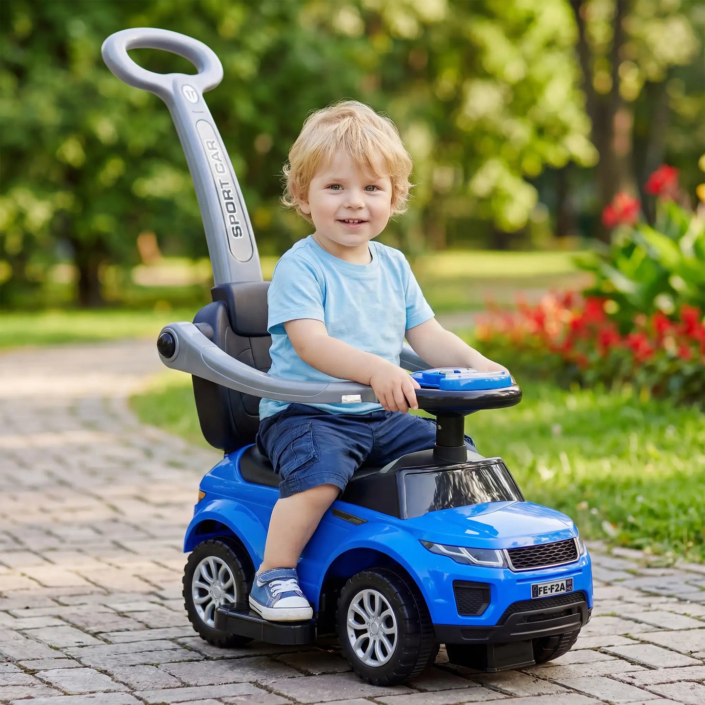 2 in 1 Kid Ride on Push Car Stroller, Sliding Ride on Car with Horn, Music, Light, Secure Bar, Blue Push Cars for Toddlers at Gallery Canada