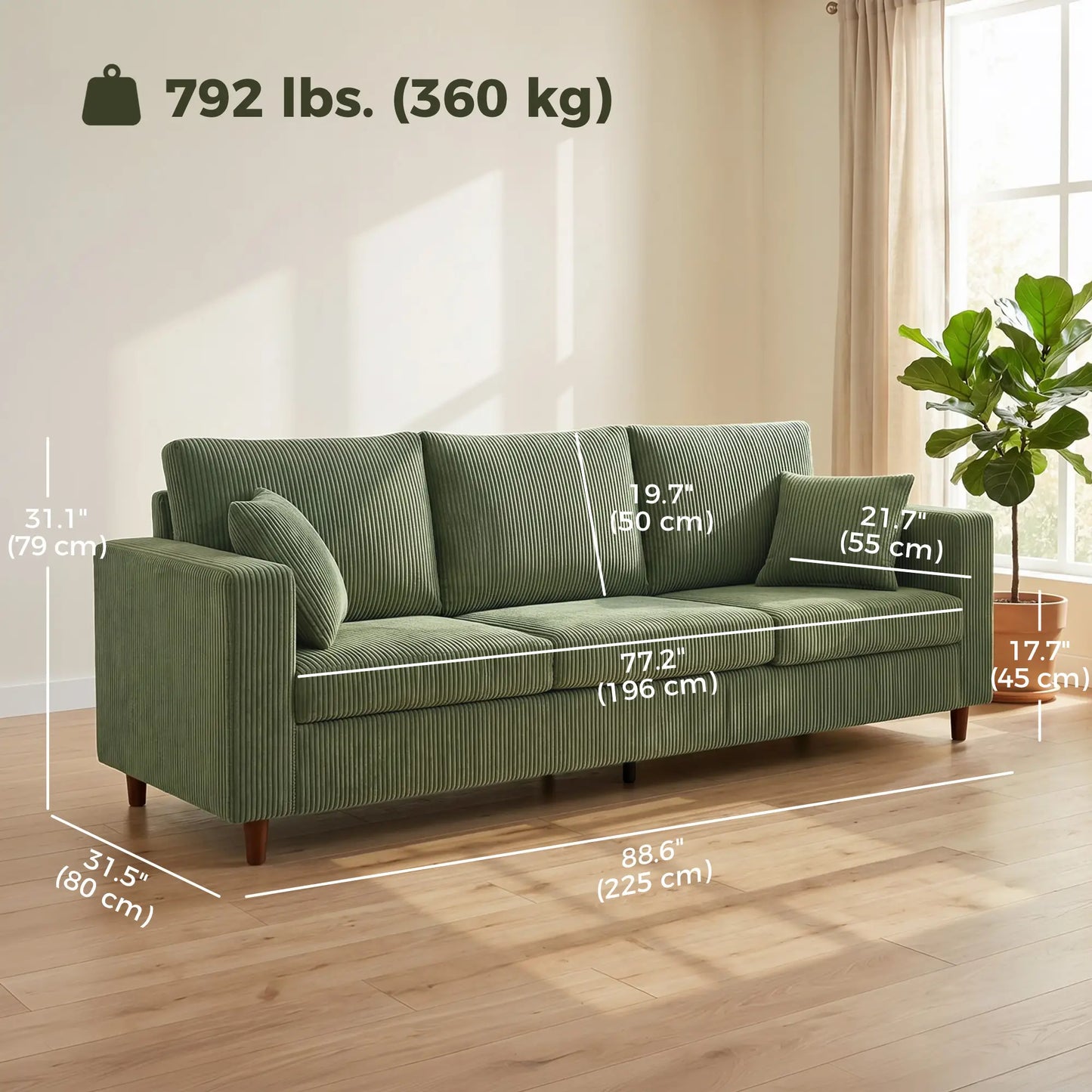 3 Seater Corduroy Sofa, Deep Seat Spring Cushion, Green 3-Seater Sofas at Gallery Canada
