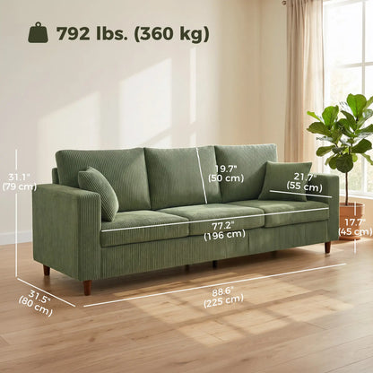 3 Seater Corduroy Sofa, Deep Seat Spring Cushion, Green 3-Seater Sofas at Gallery Canada