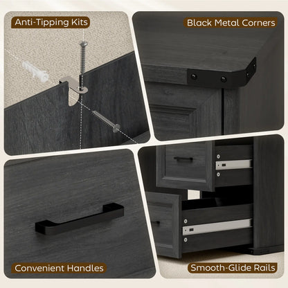 55" Computer Desk With 7 Drawers, Farmhouse Executive Desk, Black Wood Grain, Black Computer Desks at Gallery Canada