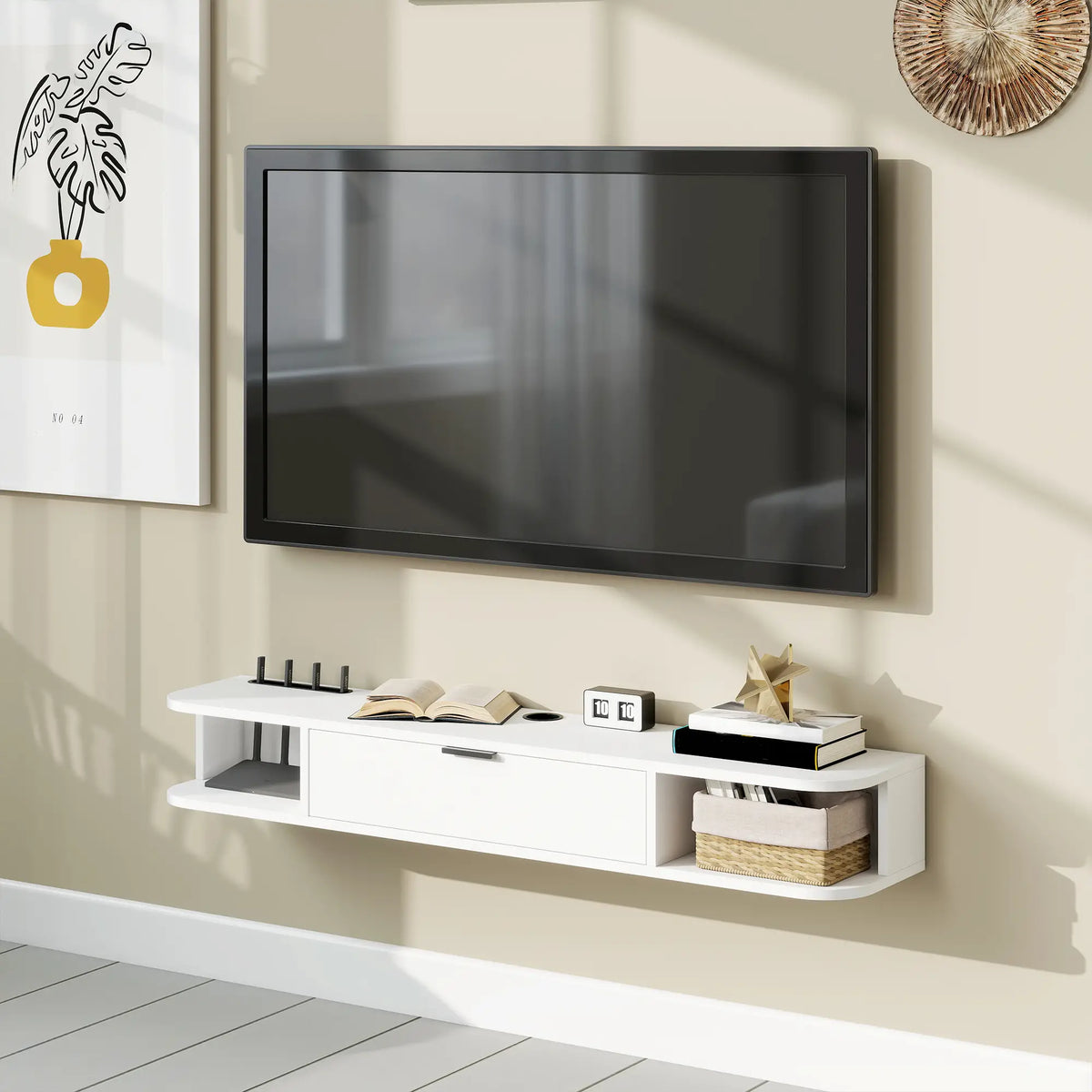 47 Inch Floating TV Stand, Wall Mounted Media Console, White TV Stands at Gallery Canada
