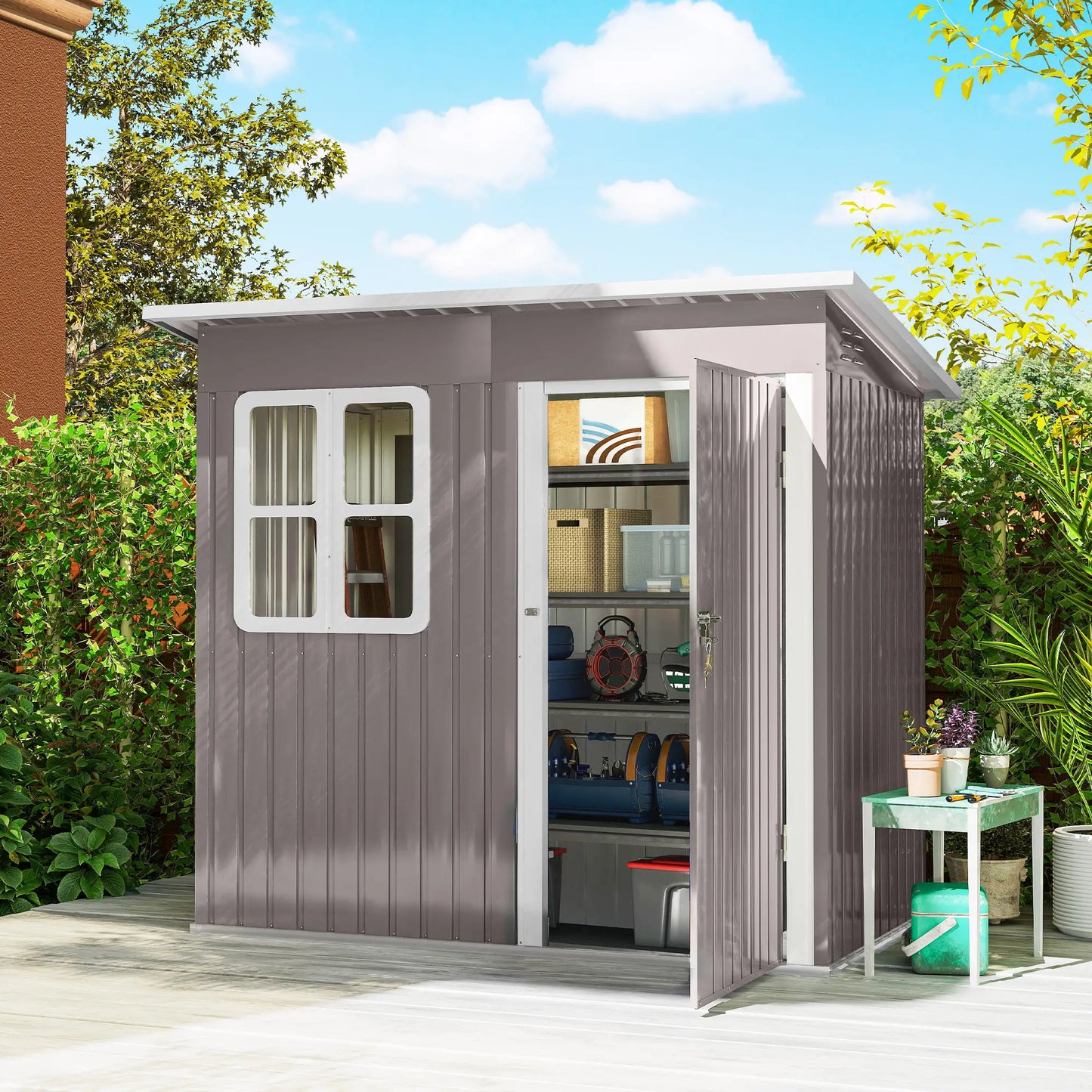 7' x 4' Galvanised Steel Outdoor Storage Shed, Garden Shed With Window, Lockable Door, Air Vents, Warm Grey Sheds at Gallery Canada