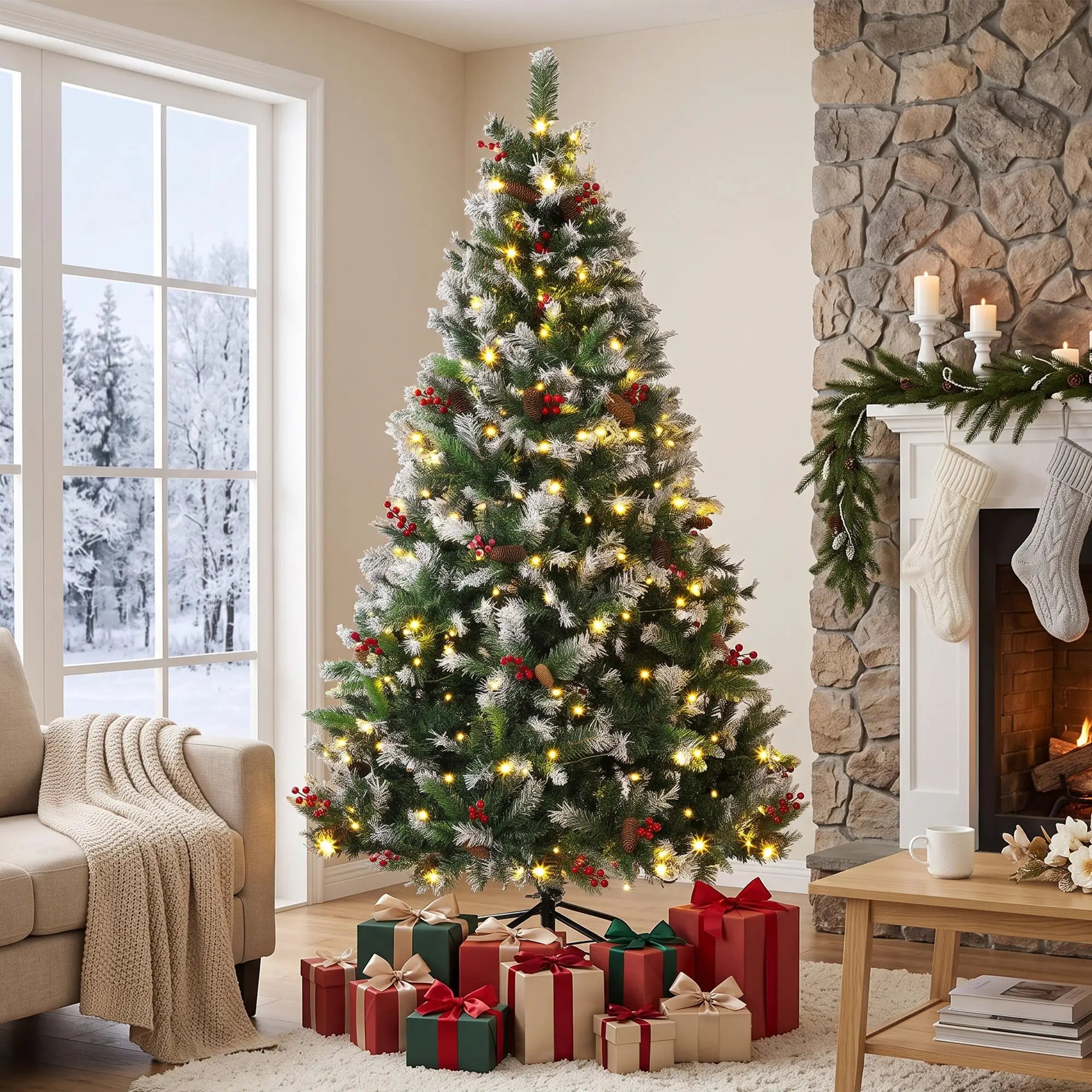 7ft Flocked Prelit Spruce Christmas Tree, Dual Colour, Remote, Hinged, Dual Colour Pencil Christmas Trees at Gallery Canada