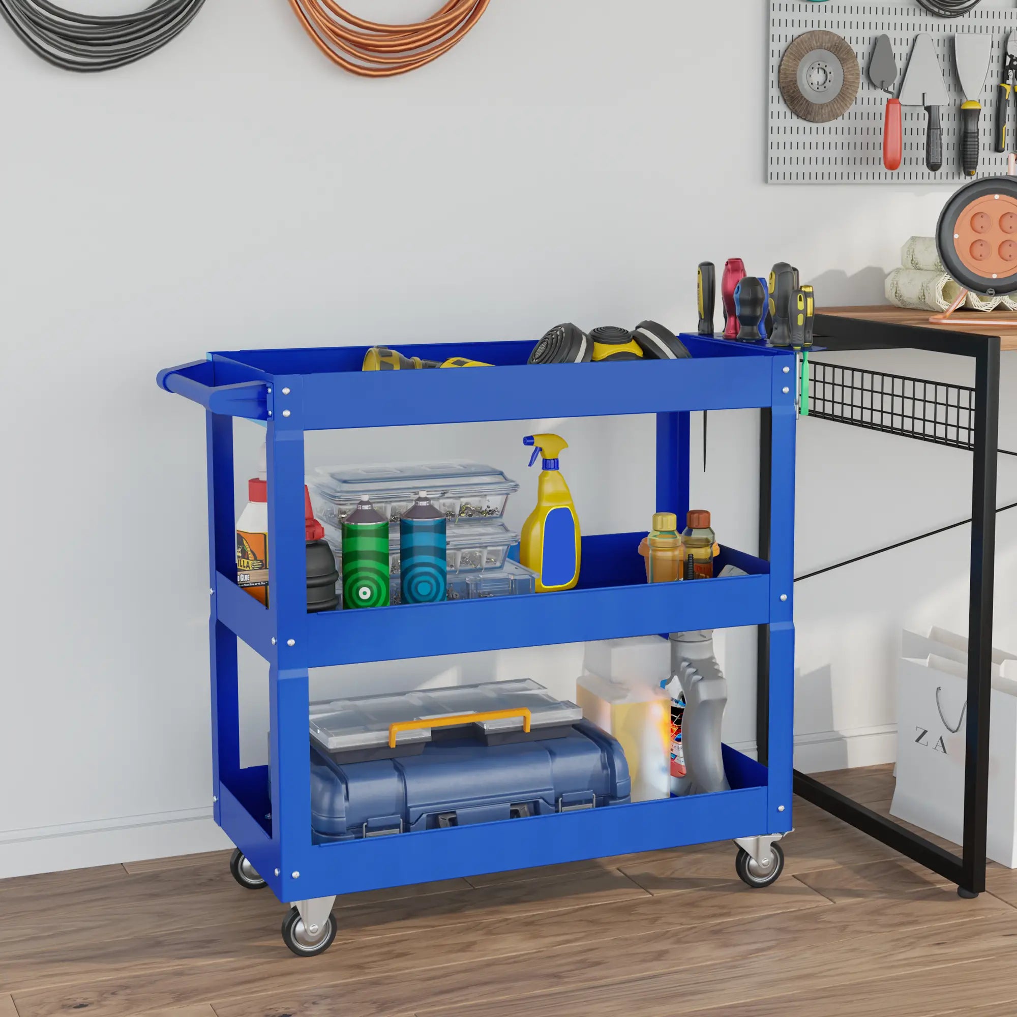3 Tier Rolling Tool Cart, 330 LBS Heavy Duty Utility Cart, Blue Tool Organizers at Gallery Canada
