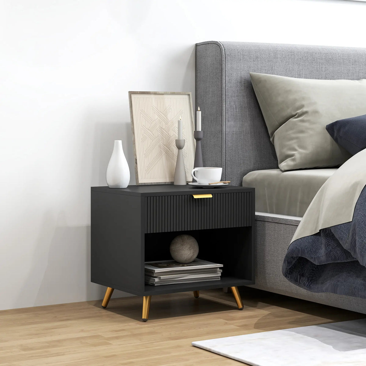 Modern Nightstand with Drawer, Open Compartment, Black Bedside Tables at Gallery Canada