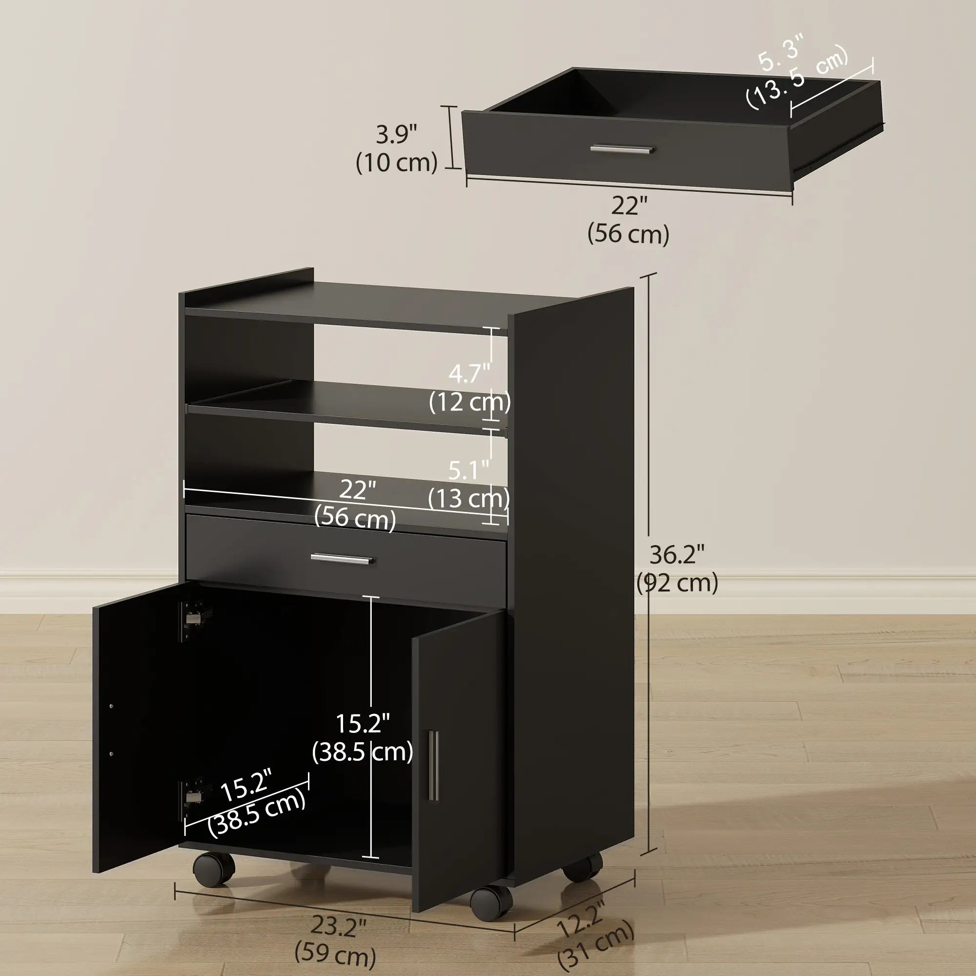 Microwave Cart with Wheels, Open Shelves and Drawer, Black Kitchen Islands & Kitchen Carts at Gallery Canada