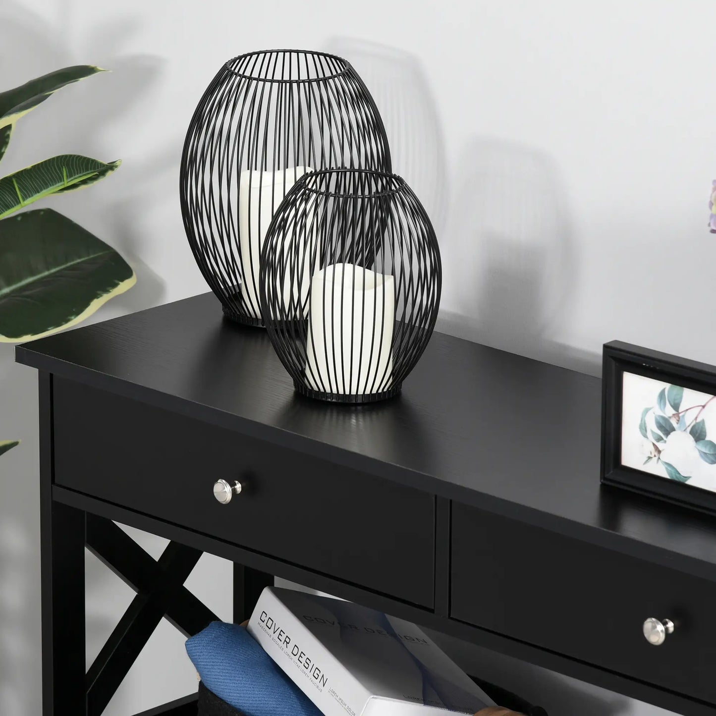 39" Narrow Console Table, Storage Shelves, Drawers, X Frame, Black Console Tables at Gallery Canada