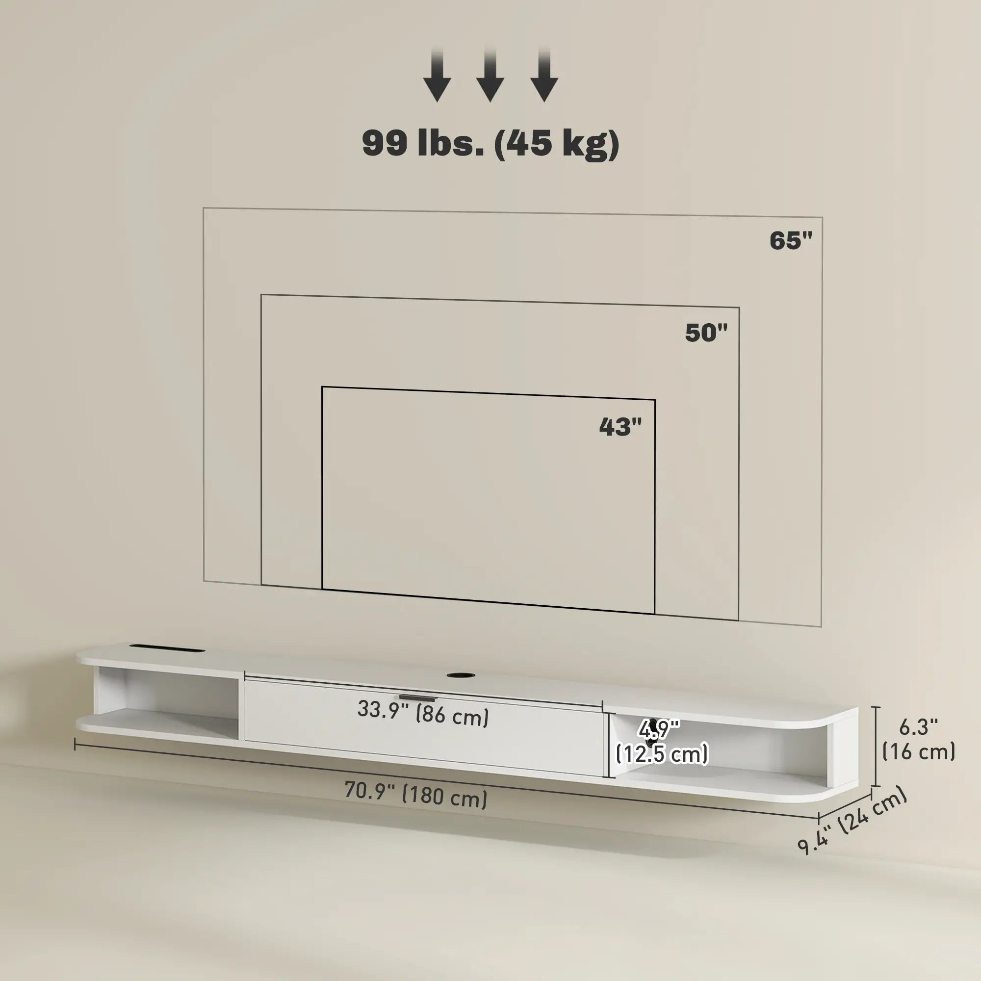 71 Inch Floating TV Stand, Wall Mounted Media Console, White TV Stands at Gallery Canada