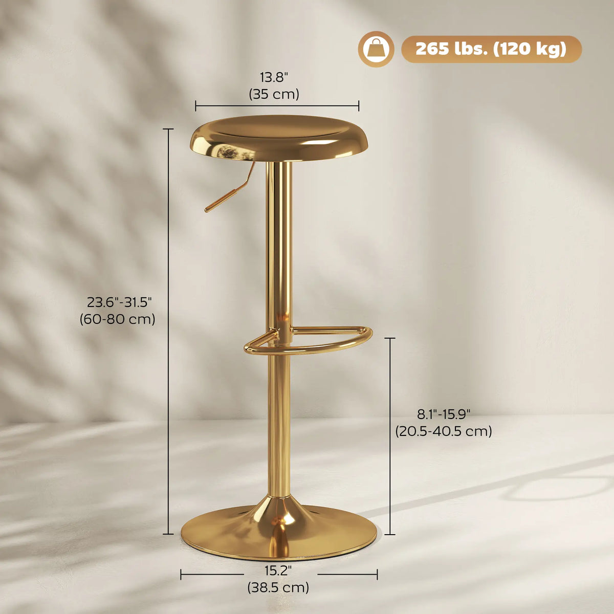 Steel Bar Stools Set of 2, Adjustable Counter Height, Gold Bar Stools at Gallery Canada