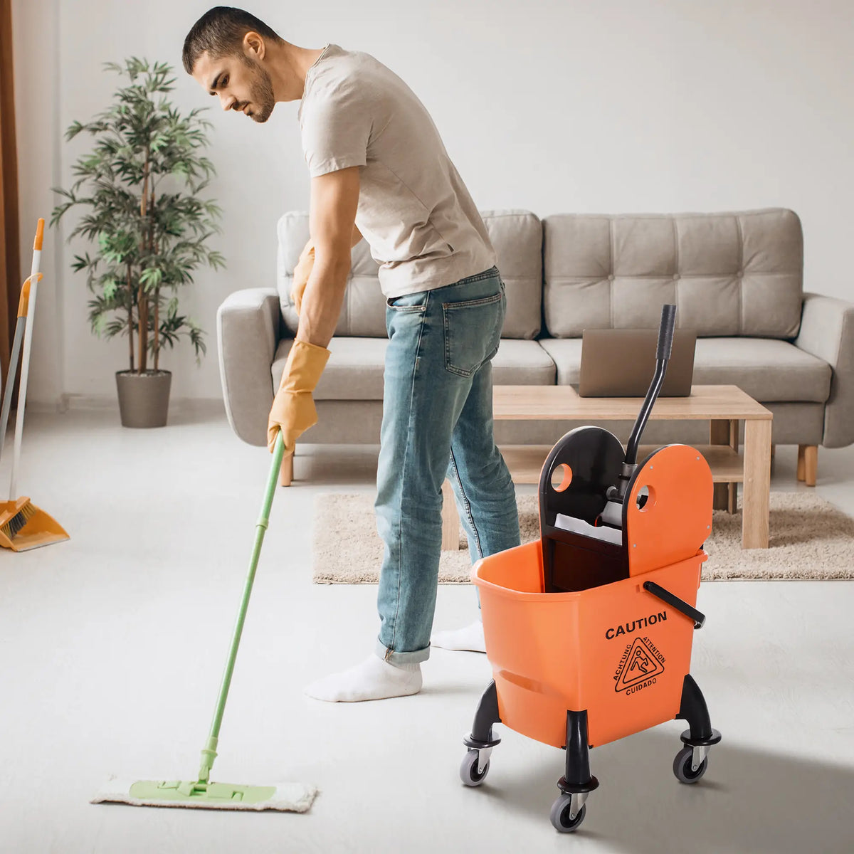 6.9 Gal/26L Mop Bucket With Wringer, Wheels, Handle, Orange Household Supplies at Gallery Canada