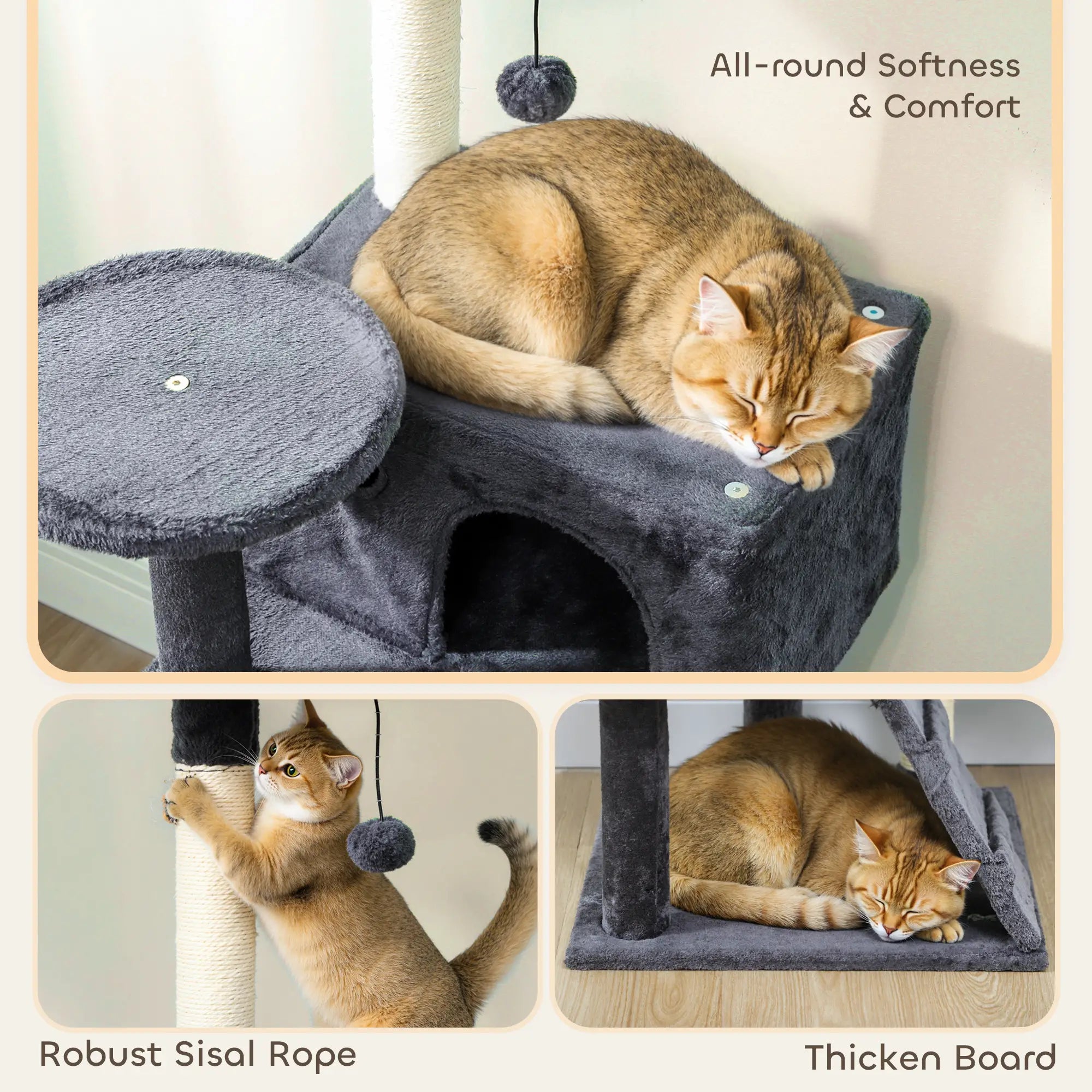 63 Inch Cat Tree, Sisal Scratching Posts, Condos, Plush Perches, Hammock, Ladder, Dangling Balls, Dark Grey Cat Towers at Gallery Canada