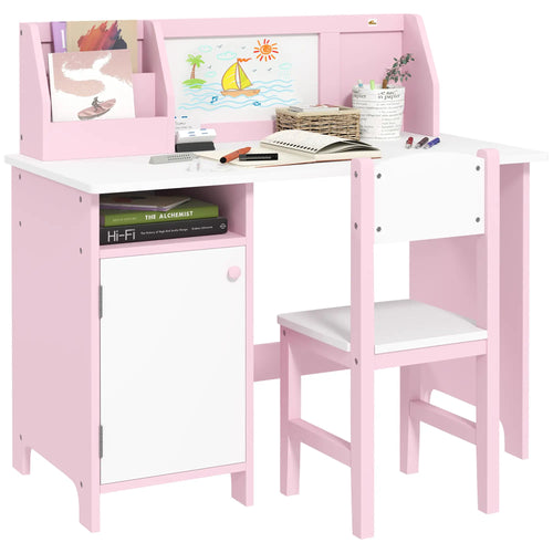 Kids Desk and Chair Set, 2Pcs, Whiteboard, Storage, Shelves, Pink