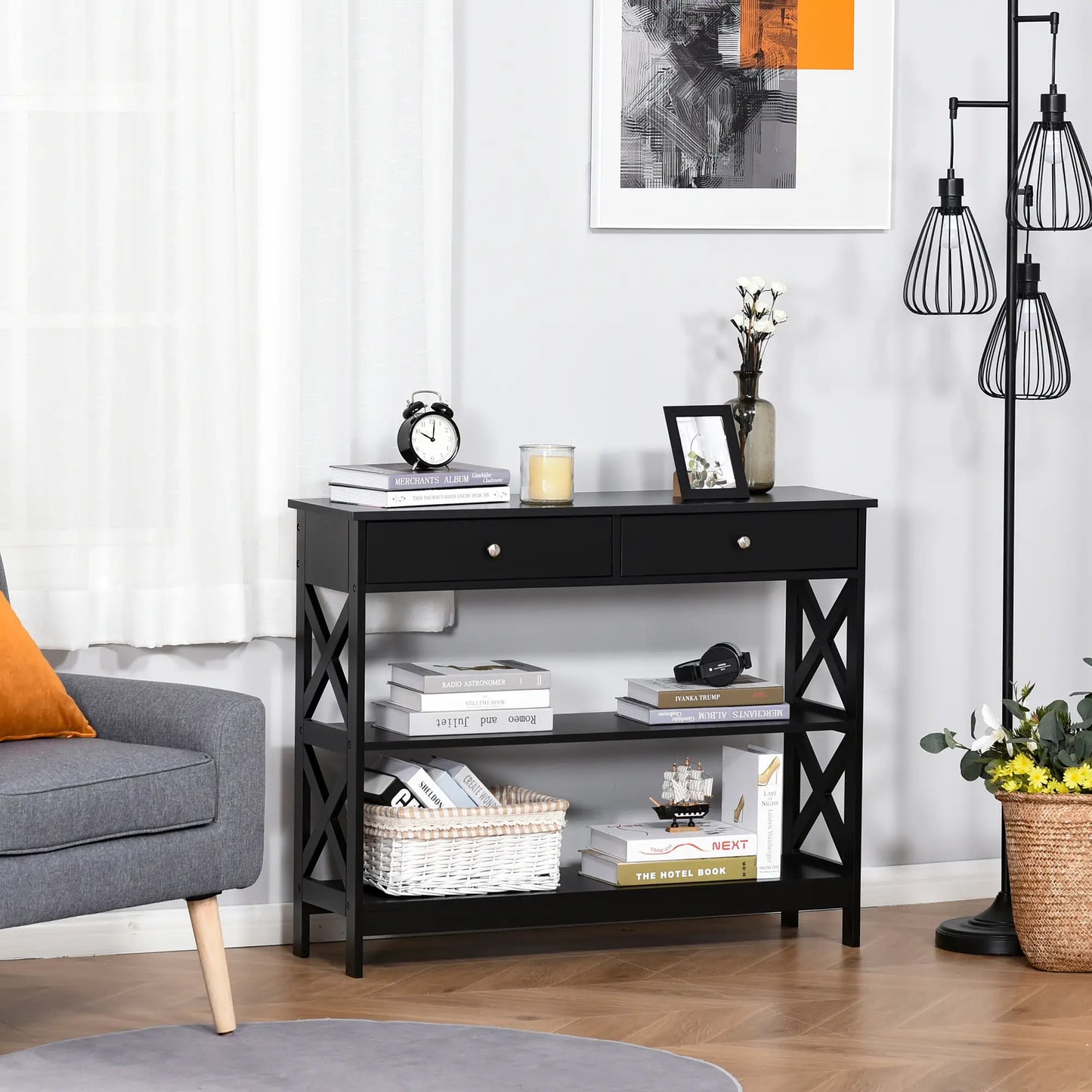 39" Narrow Console Table, Storage Shelves, Drawers, X Frame, Black Console Tables at Gallery Canada