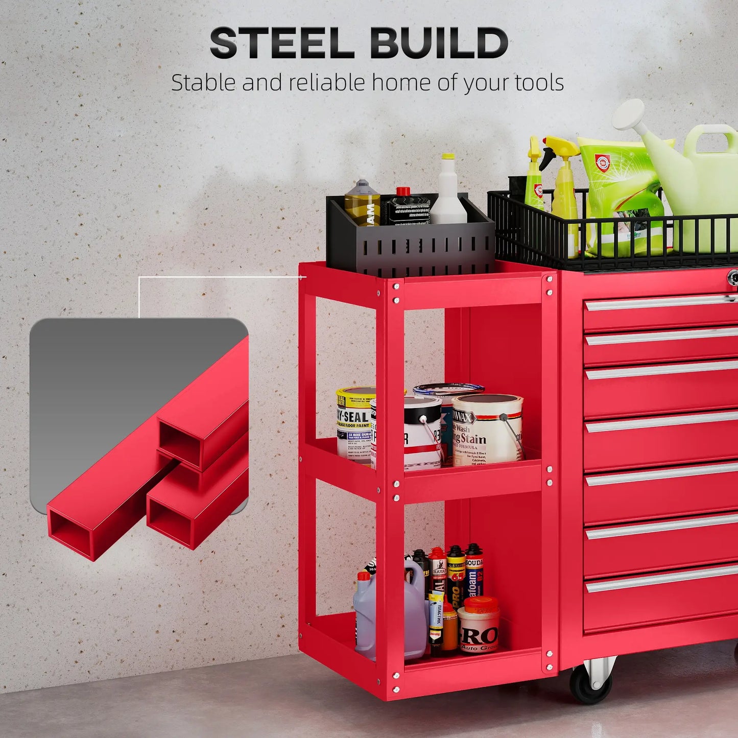 Coffre à outils roulant à 7 tiroirs, armoire verrouillable avec étagère latérale, rouge