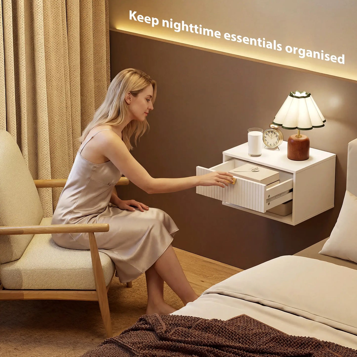 Set of 2 Floating Nightstands, Wall Mounted with Fluted Drawer and Shelf, White Bedside Tables at Gallery Canada